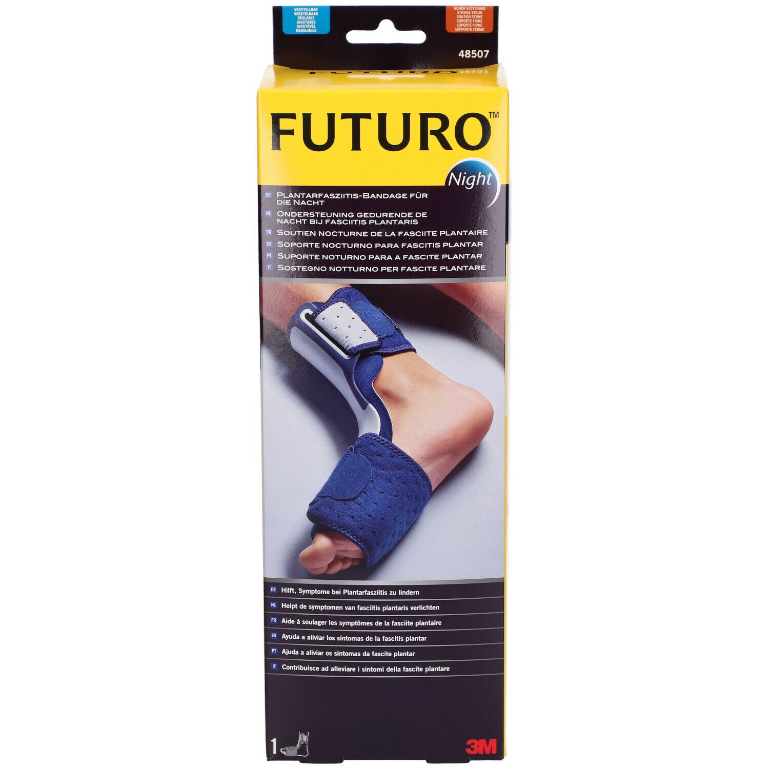 FUTURO™ Supporto notturno per fascite plantare. Supporto blu sul piede, in confezione. Marchio e logo visibili.