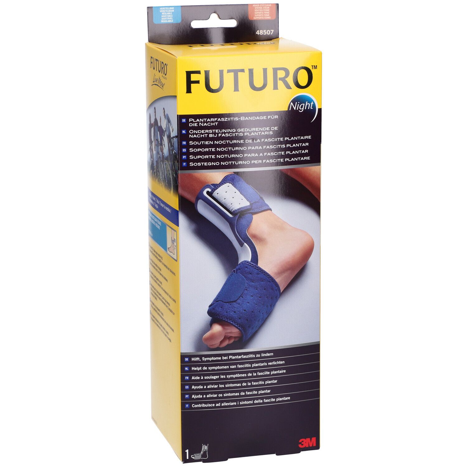 FUTURO™ Supporto notturno per fascite plantare, in confezione. Supporto blu sul piede. Marchio e logo visibili.