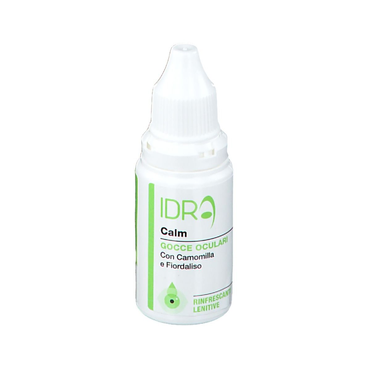 Flacone contagocce bianco con dettagli verdi. Scritta: IDRA Calm Gocce Oculari. Con camomilla e fiordaliso.