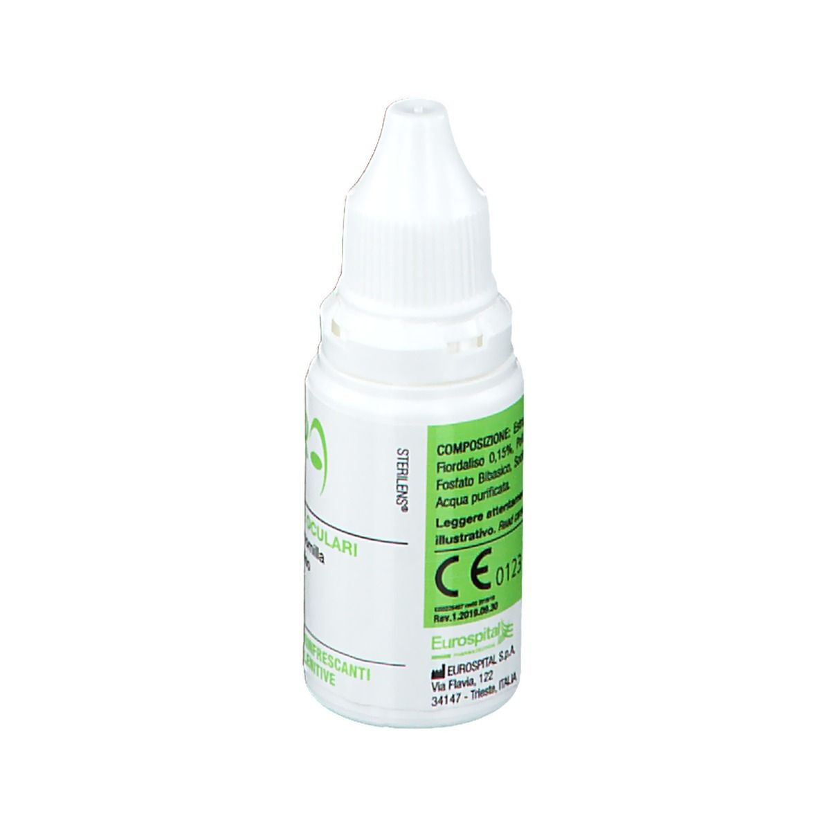 Flacone contagocce bianco. Retro con ingredienti e marchio CE. Informazioni produttore.