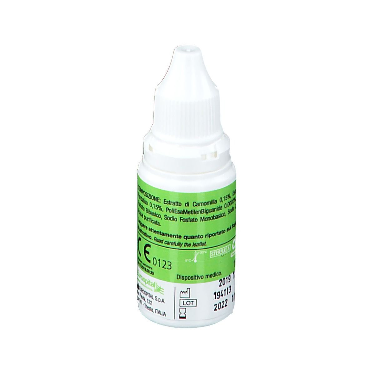 Flacone contagocce bianco. Retro con ingredienti e numero di lotto. Dispositivo medico.