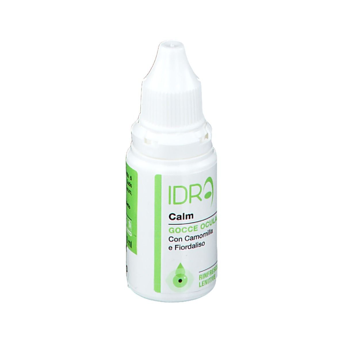Flacone contagocce bianco con dettagli verdi. Scritta: IDRA Calm Gocce Oculari. Con camomilla e fiordaliso.