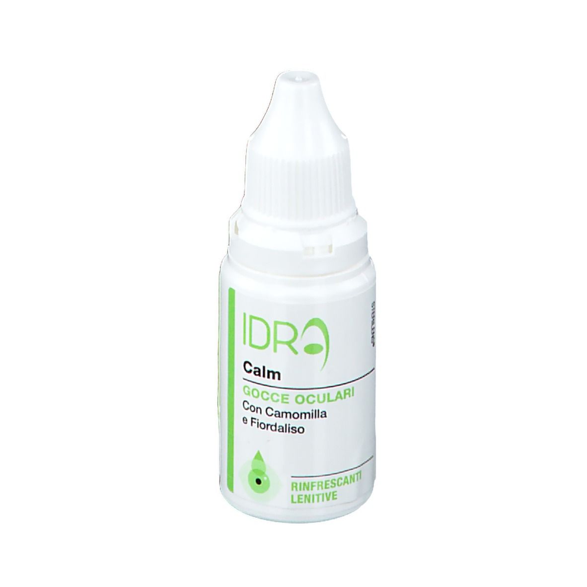 Flacone contagocce bianco con dettagli verdi. Scritta: IDRA Calm Gocce Oculari. Con camomilla e fiordaliso.