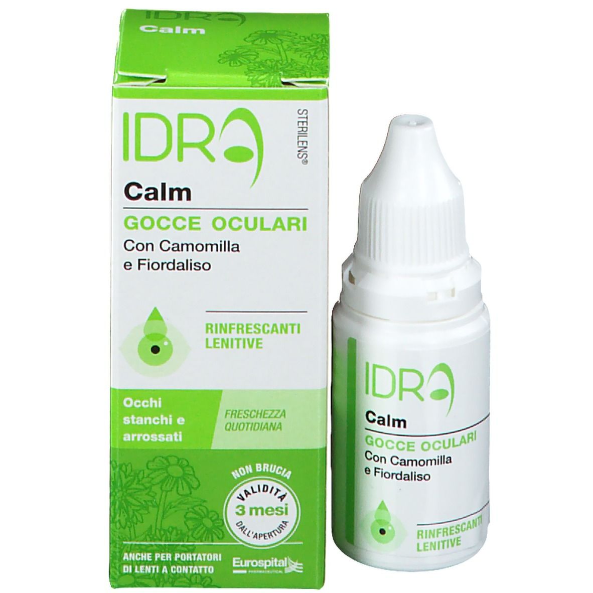 Confezione del prodotto: scatola e flacone contagocce. Scritta: IDRA Calm Gocce Oculari. Con camomilla e fiordaliso.