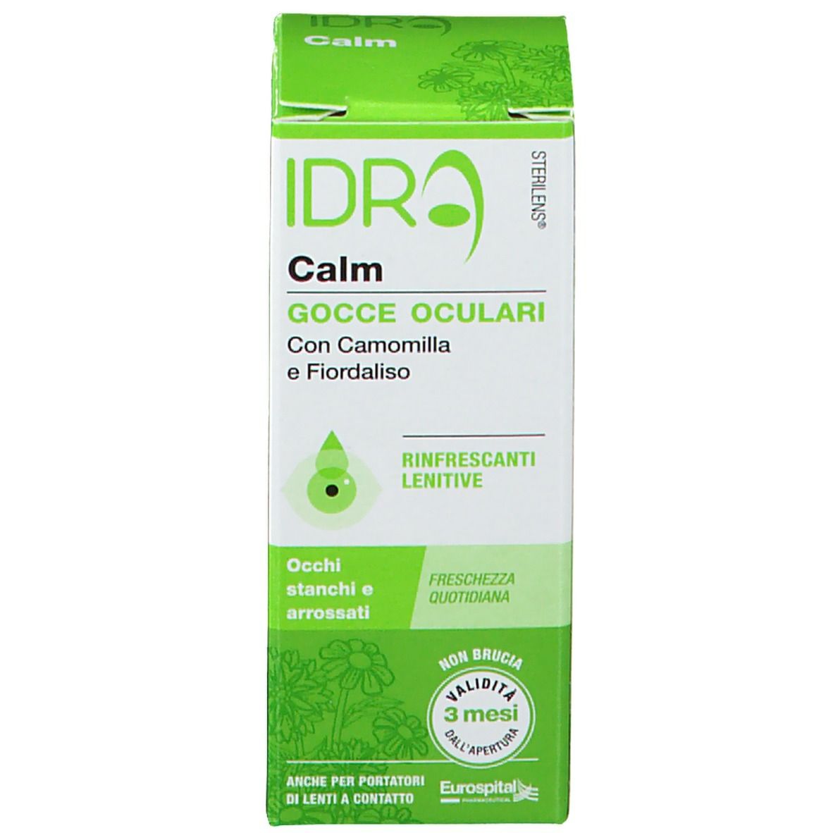 Confezione del prodotto: scatola. Scritta: IDRA Calm Gocce Oculari. Con camomilla e fiordaliso. Validità 3 mesi.