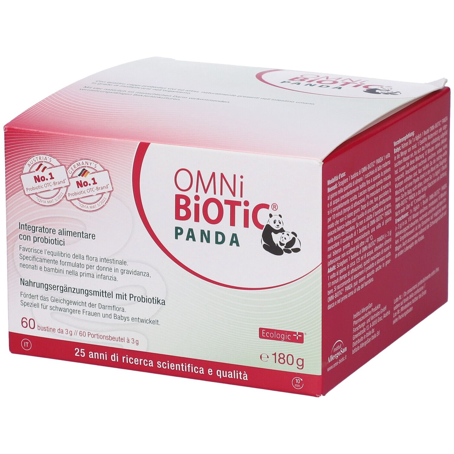 Rote und weiße Pappschachtel mit Produktnamen OMNi BiOTiC PANDA. Enthält 60 Beutel. Aufdrucke in Deutsch und Italienisch.