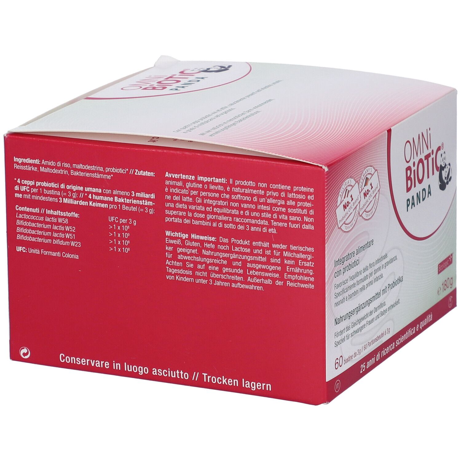 Rückseite der OMNi BiOTiC PANDA-Verpackung. Enthält Informationen zu Inhaltsstoffen und Warnhinweisen in italienischer Sprache.