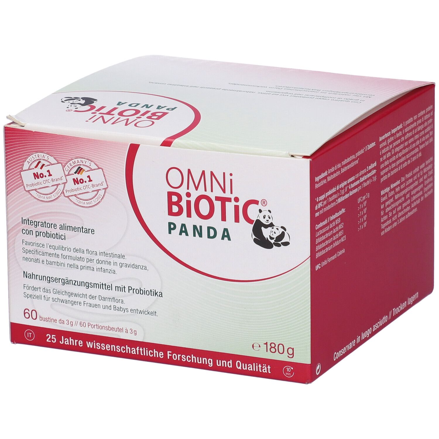OMNi BiOTiC PANDA-Verpackung. Rote und weiße Schachtel mit Produktnamen und Logo. Enthält 60 Beutel.