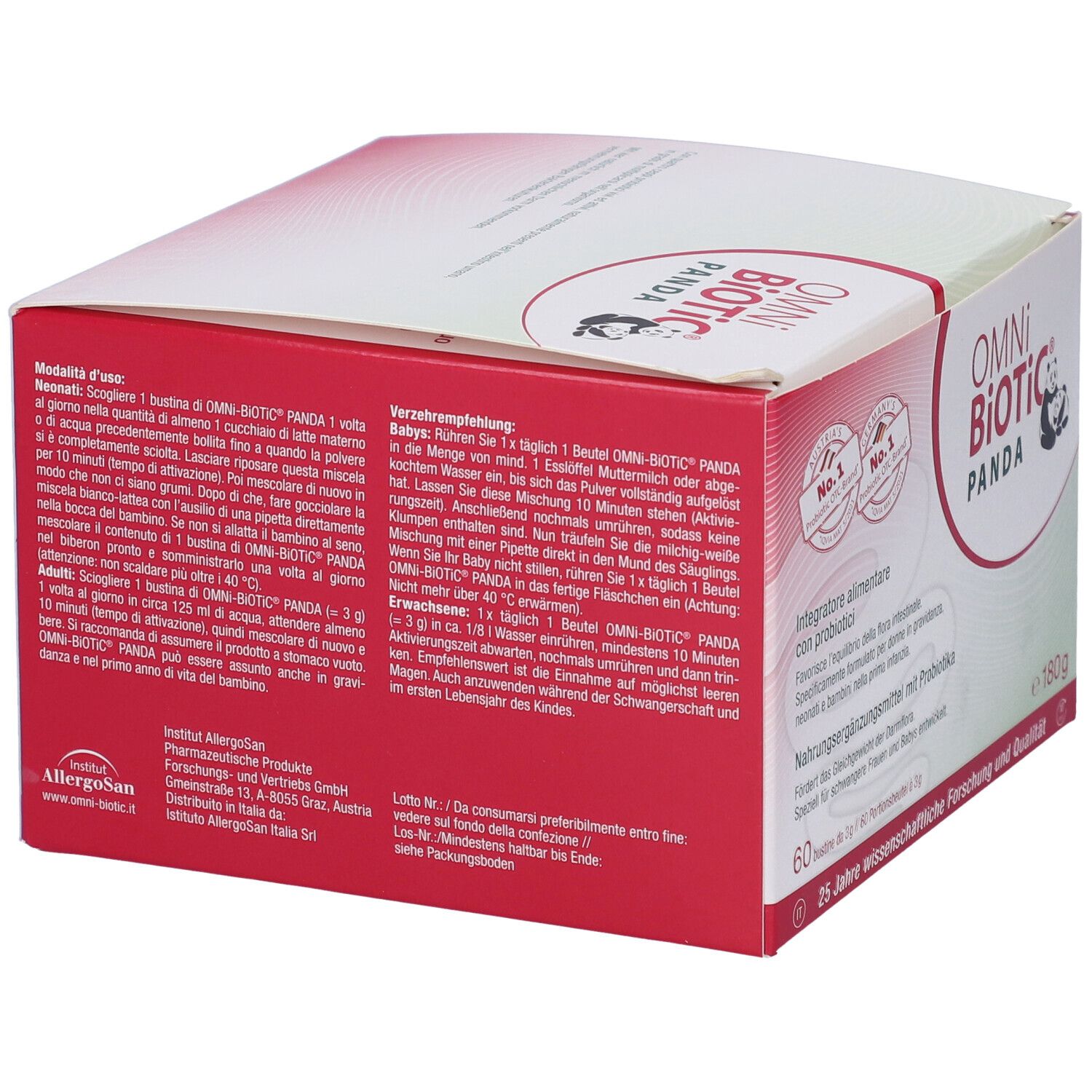 Rückseite der OMNi BiOTiC PANDA-Verpackung. Enthält Anweisungen zur Anwendung in italienischer Sprache.