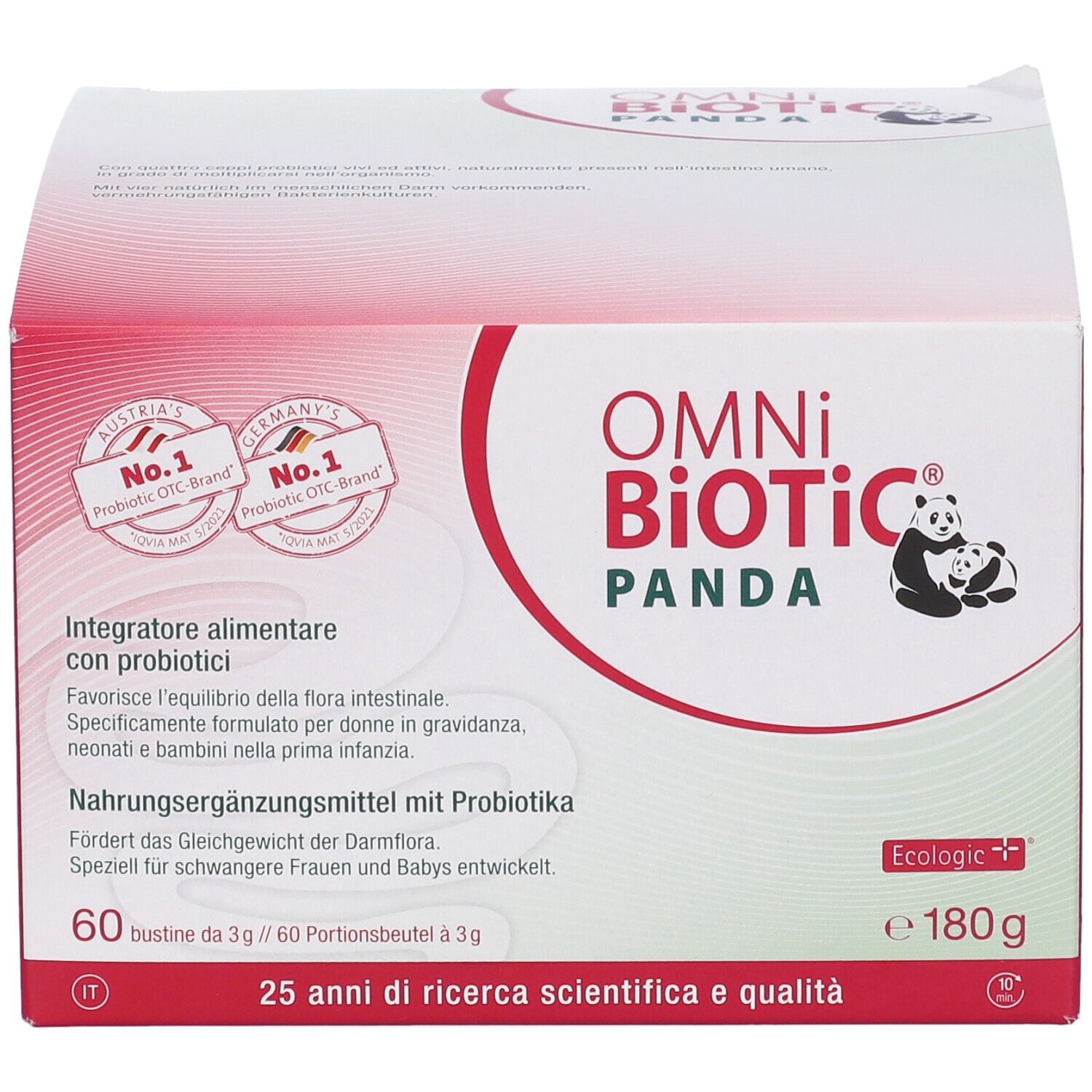 OMNi BiOTiC PANDA-Verpackung. Rote und weiße Schachtel mit Produktnamen und Logo. Enthält 60 Beutel. Mit Logos.