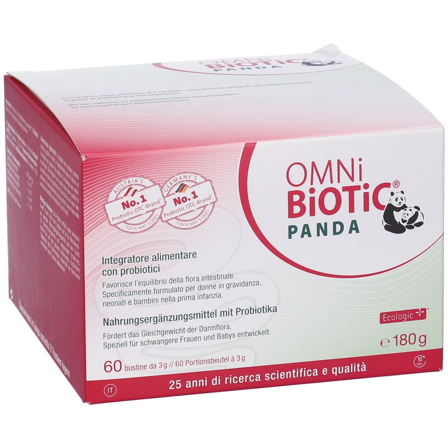 OMNi BiOTiC PANDA-Verpackung. Rote und weiße Schachtel mit Produktnamen und Logo. Enthält 60 Beutel.