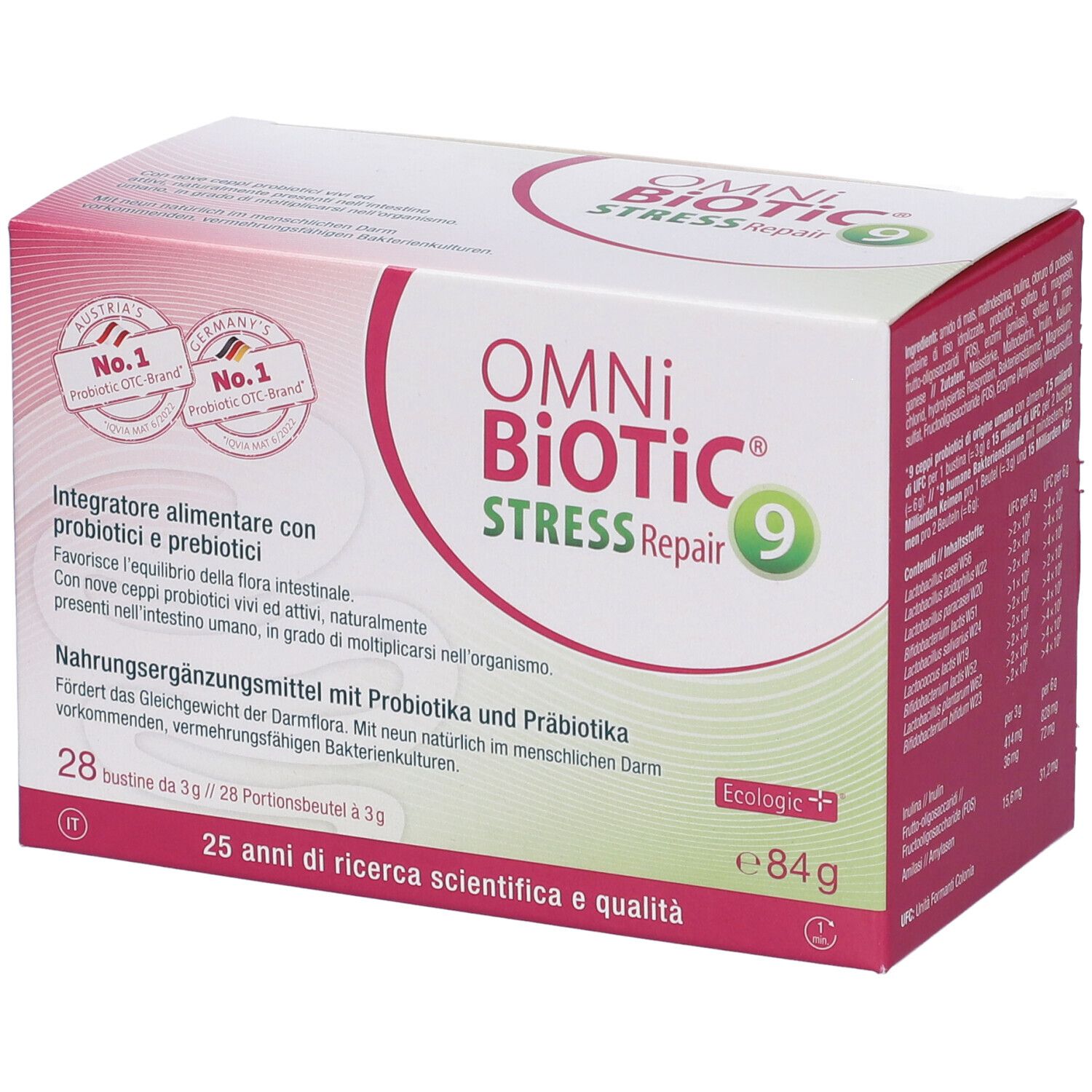 Confezione OMNi BiOTiC Stress Repair 9, 28 bustine. Scritte: Austria's No.1, Germany's No.1, Ecologic.