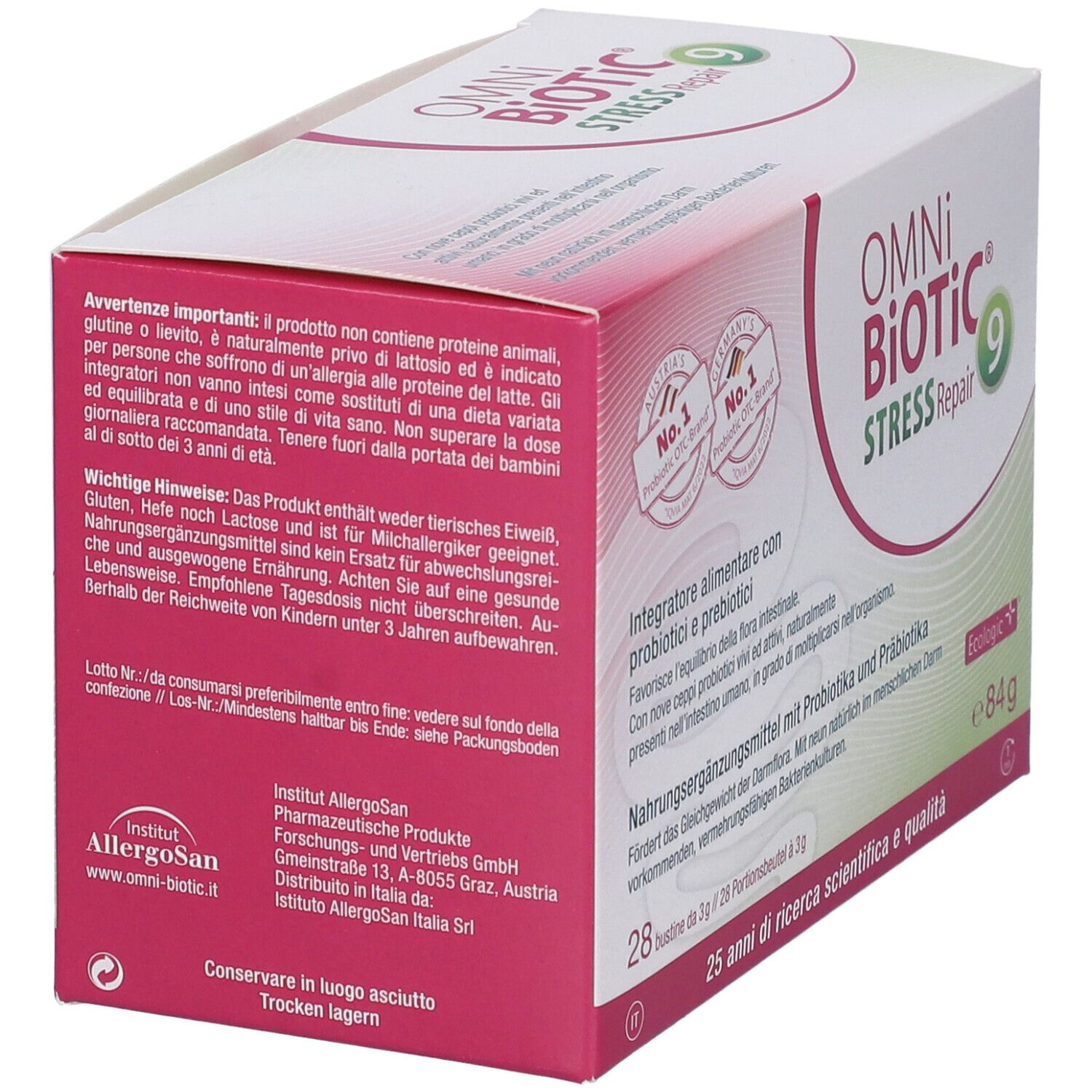Retro confezione OMNi BiOTiC Stress Repair 9. Contiene avvertenze e informazioni. Scritte: Institut Allergosan.