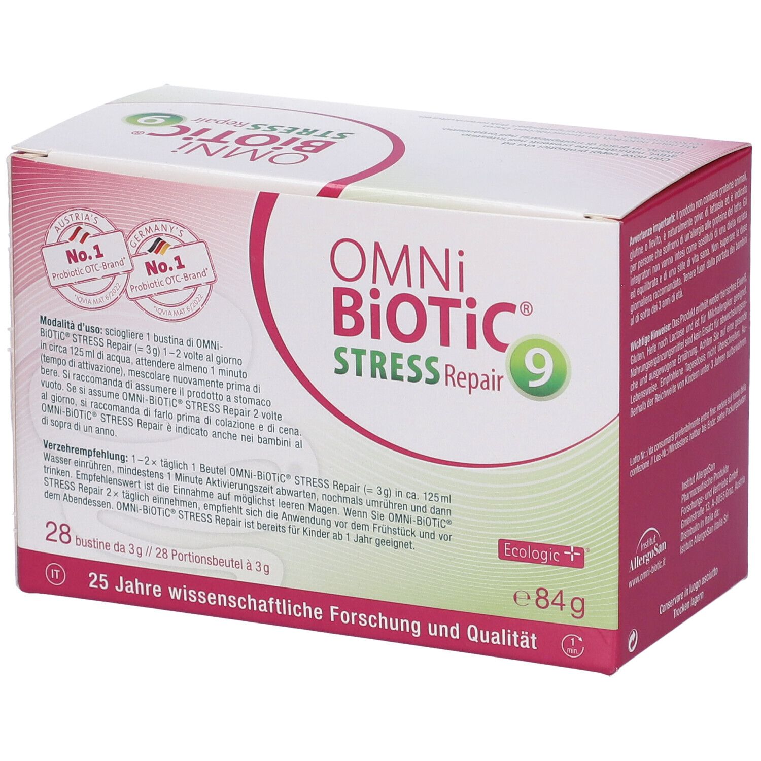 Confezione OMNi BiOTiC Stress Repair 9, 28 bustine. Scritte: Austria's No.1, Germany's No.1, Ecologic.