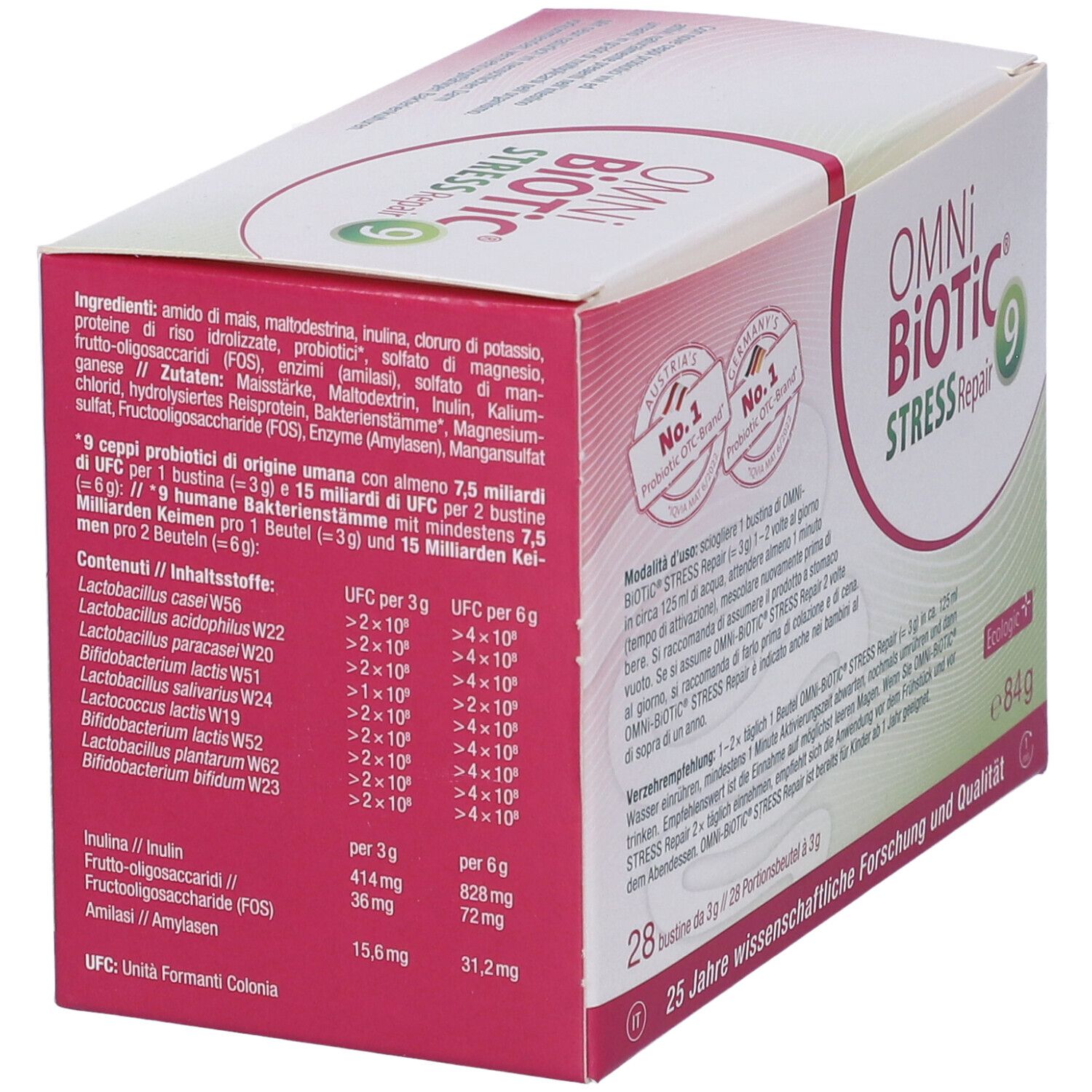 Confezione OMNi BiOTiC Stress Repair 9. Contiene ingredienti e informazioni nutrizionali. Scritte: Austria's No.1, Germany's No.1.