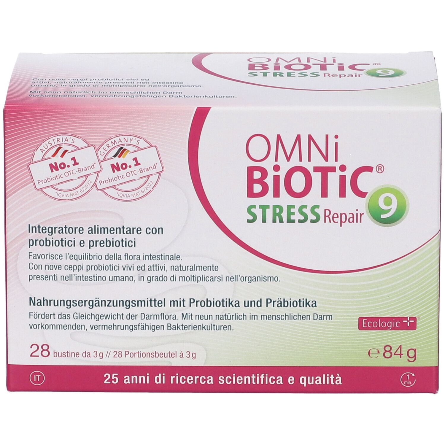Confezione OMNi BiOTiC Stress Repair 9, 28 bustine. Scritte: Austria's No.1, Germany's No.1, Ecologic.