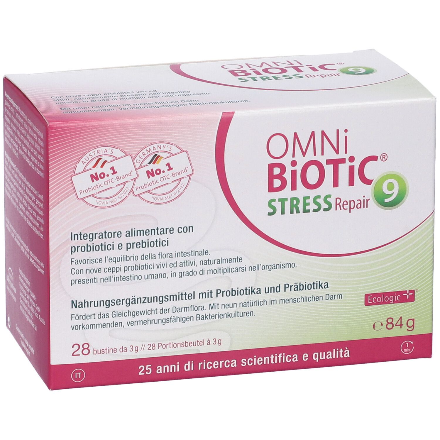 Confezione OMNi BiOTiC Stress Repair 9, 28 bustine. Scritte: Austria's No.1, Germany's No.1, Ecologic.