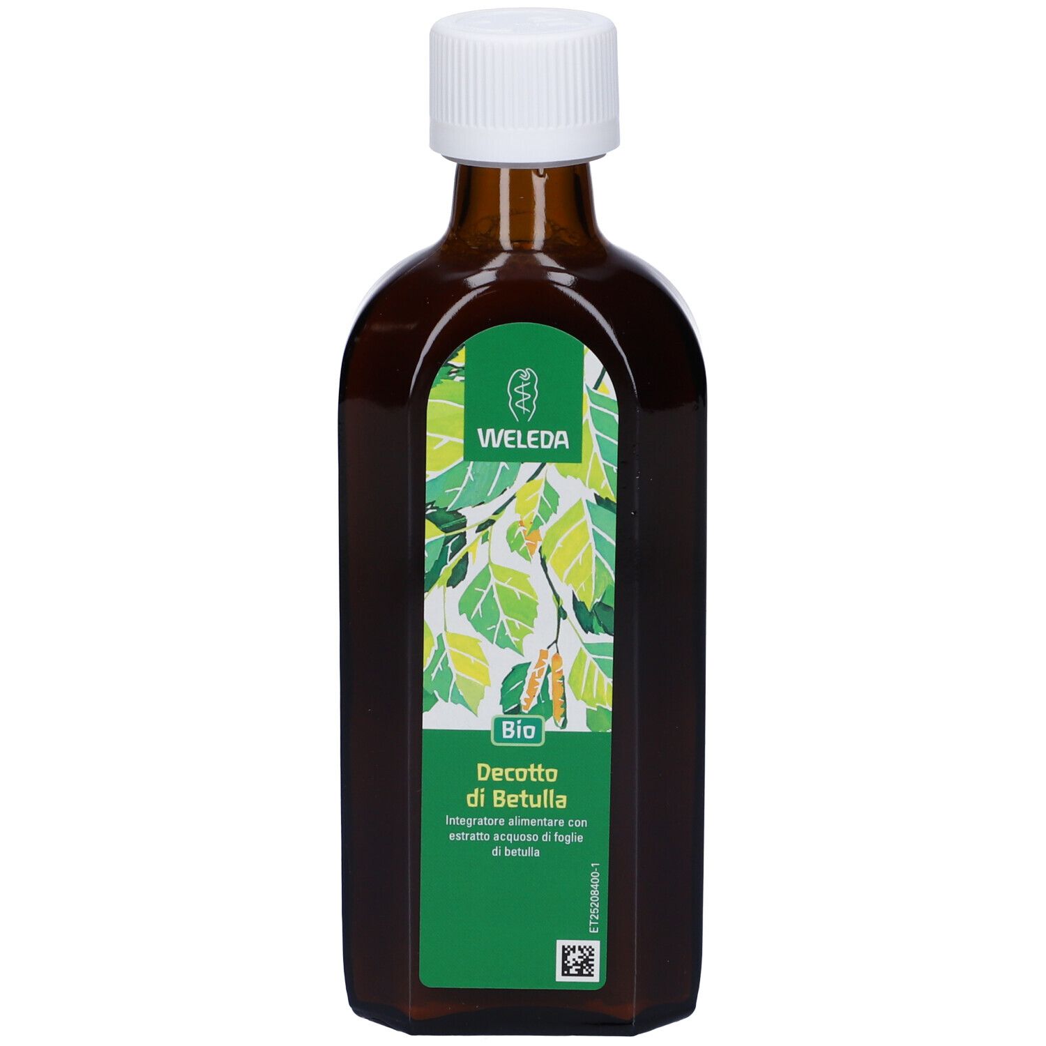 Bottiglia marrone con tappo bianco. Etichetta verde con logo e nome del prodotto. Testo: Decotto di Betulla, Bio.