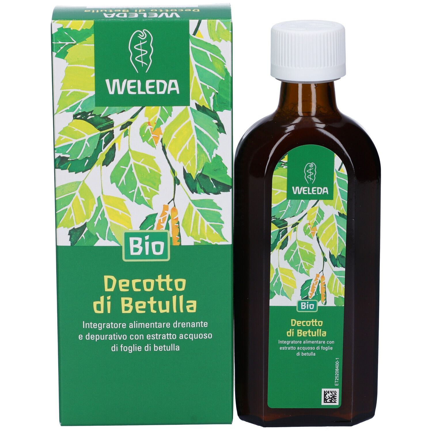Confezione del prodotto e bottiglia. Confezione verde con nome e logo. Bottiglia marrone con tappo bianco.