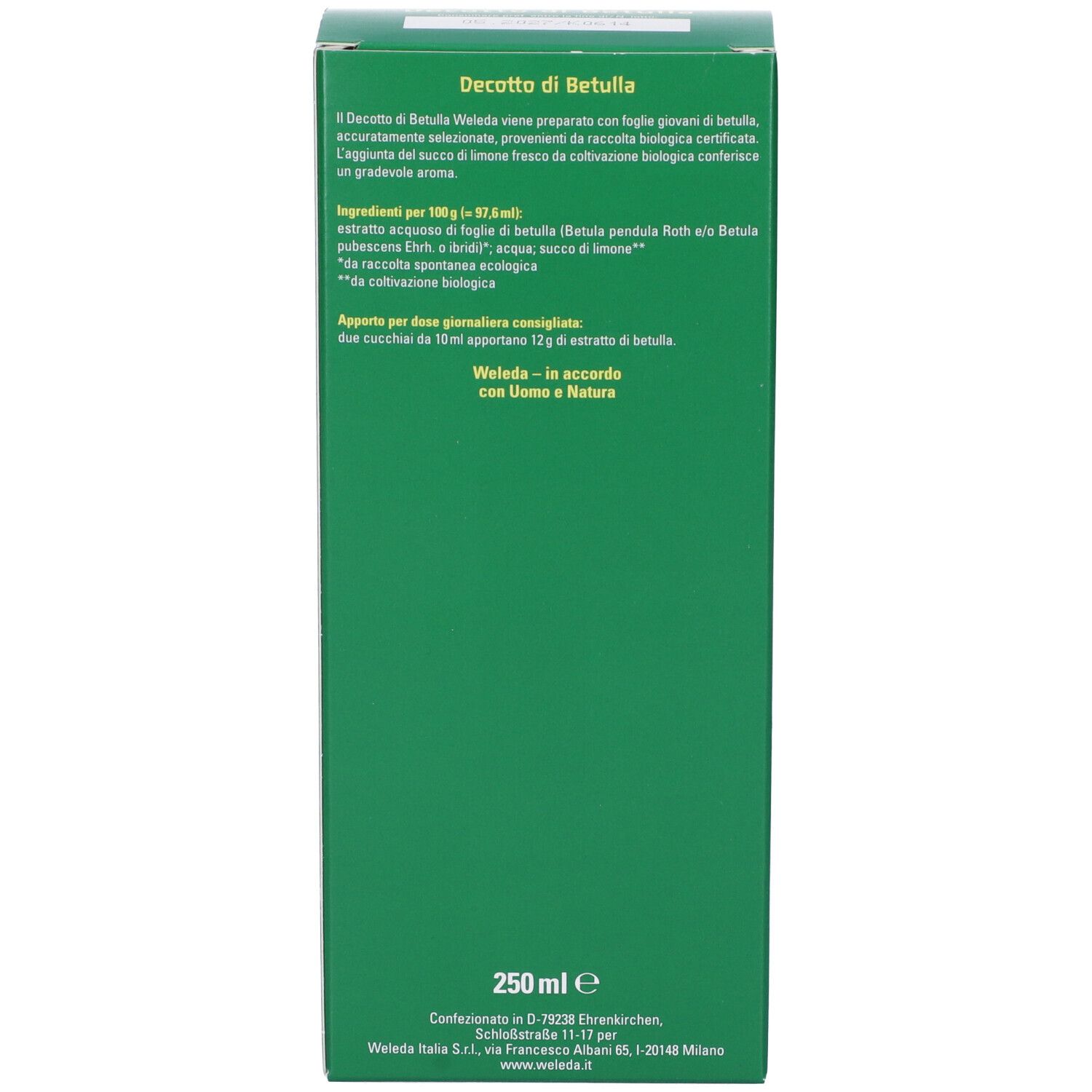 Confezione verde, vista laterale. Testo con ingredienti e dosaggio. Testo: 250 ml.