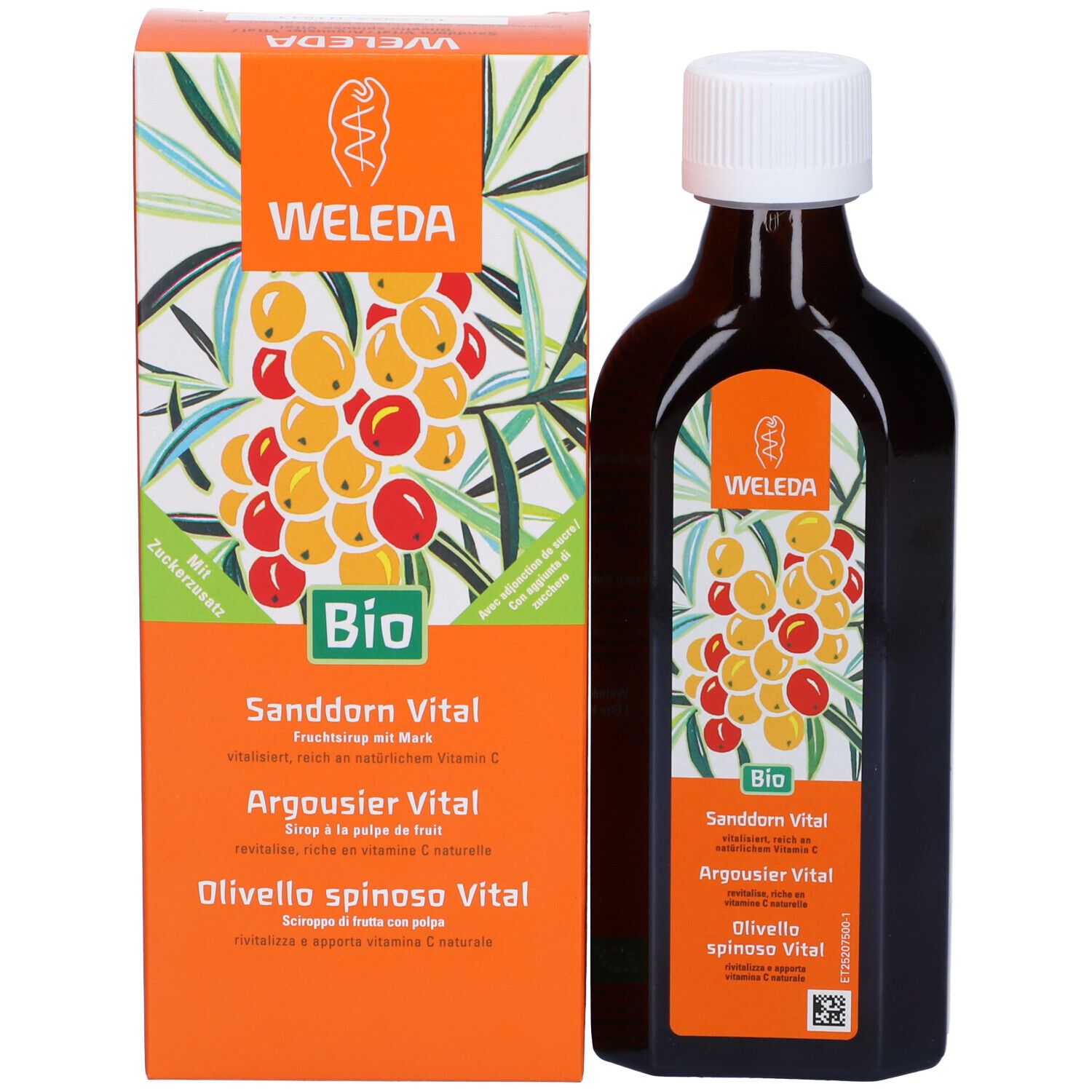 Bottiglia e scatola di cartone. Bottiglia con tappo bianco, etichetta con logo WELEDA. Scatola con testo e logo. Certificazione Bio.