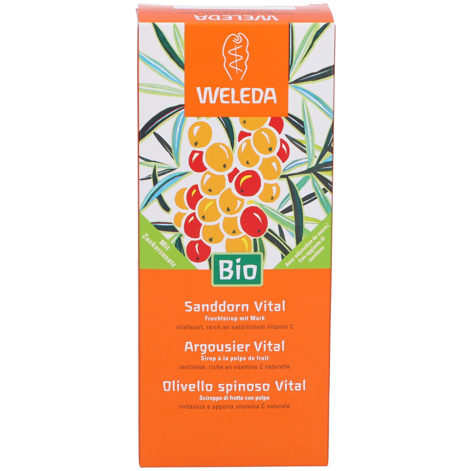 Scatola di cartone con logo WELEDA, illustrazione di olivello spinoso e testo. Certificazione Bio. Nome del prodotto e ingredienti.