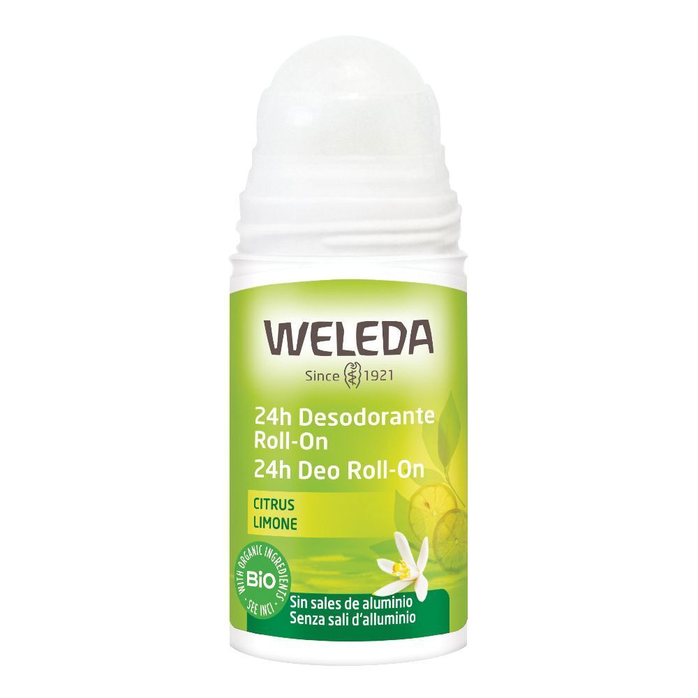 Roll-on deodorante 24h Weleda. Flacone bianco, etichetta verde. Testo: Citrus Limone, marchio bio, senza sali di alluminio.