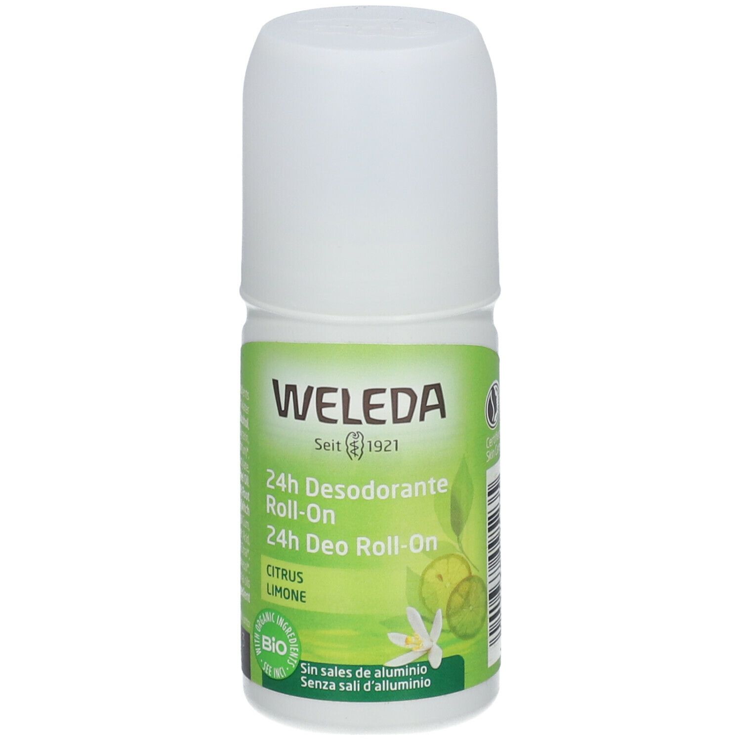 Roll-on deodorante 24h Weleda. Flacone bianco, etichetta verde. Testo: Citrus Limone, marchio bio, senza sali di alluminio.