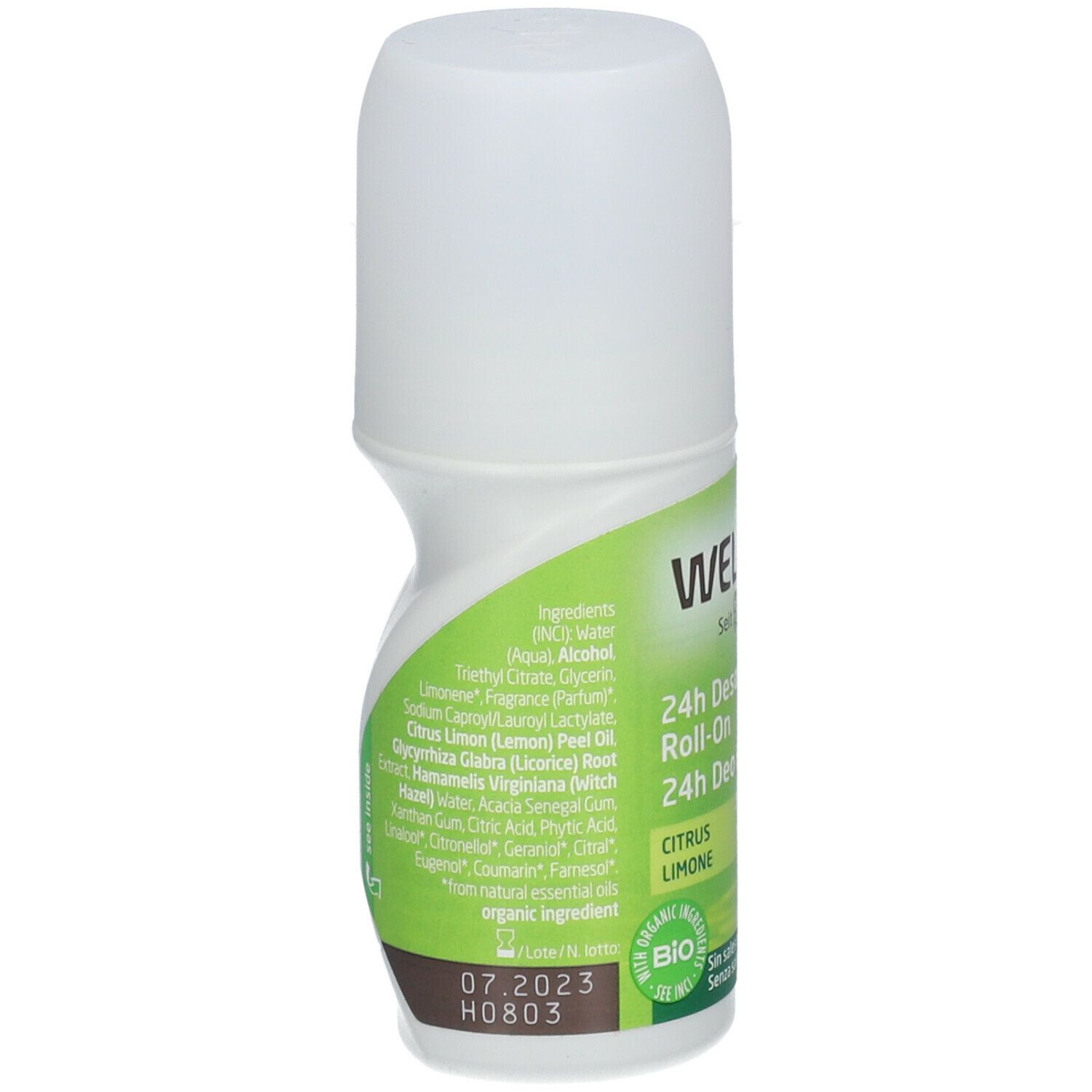 Roll-on deodorante 24h Weleda. Flacone bianco, etichetta verde. Testo: Citrus Limone, ingredienti, senza sali di alluminio.