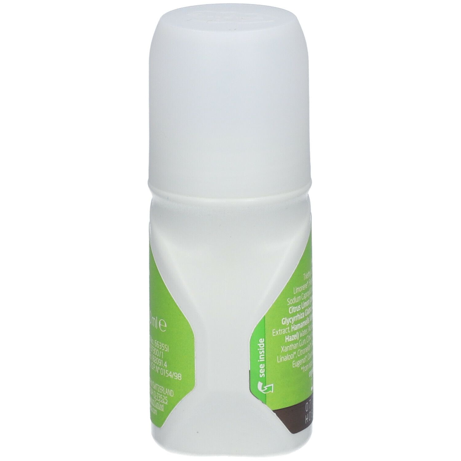 Roll-on deodorante 24h Weleda. Flacone bianco, etichetta verde. Testo: Citrus Limone, ingredienti, senza sali di alluminio.