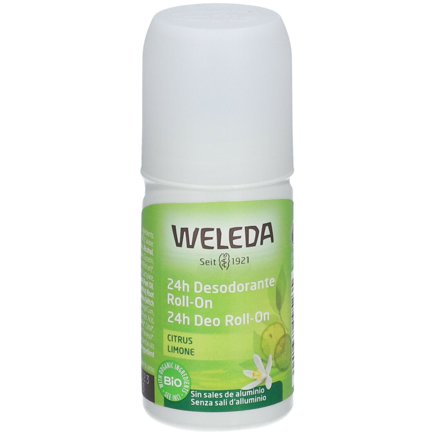 Roll-on deodorante 24h Weleda. Flacone bianco, etichetta verde. Testo: Citrus Limone, marchio bio, senza sali di alluminio.