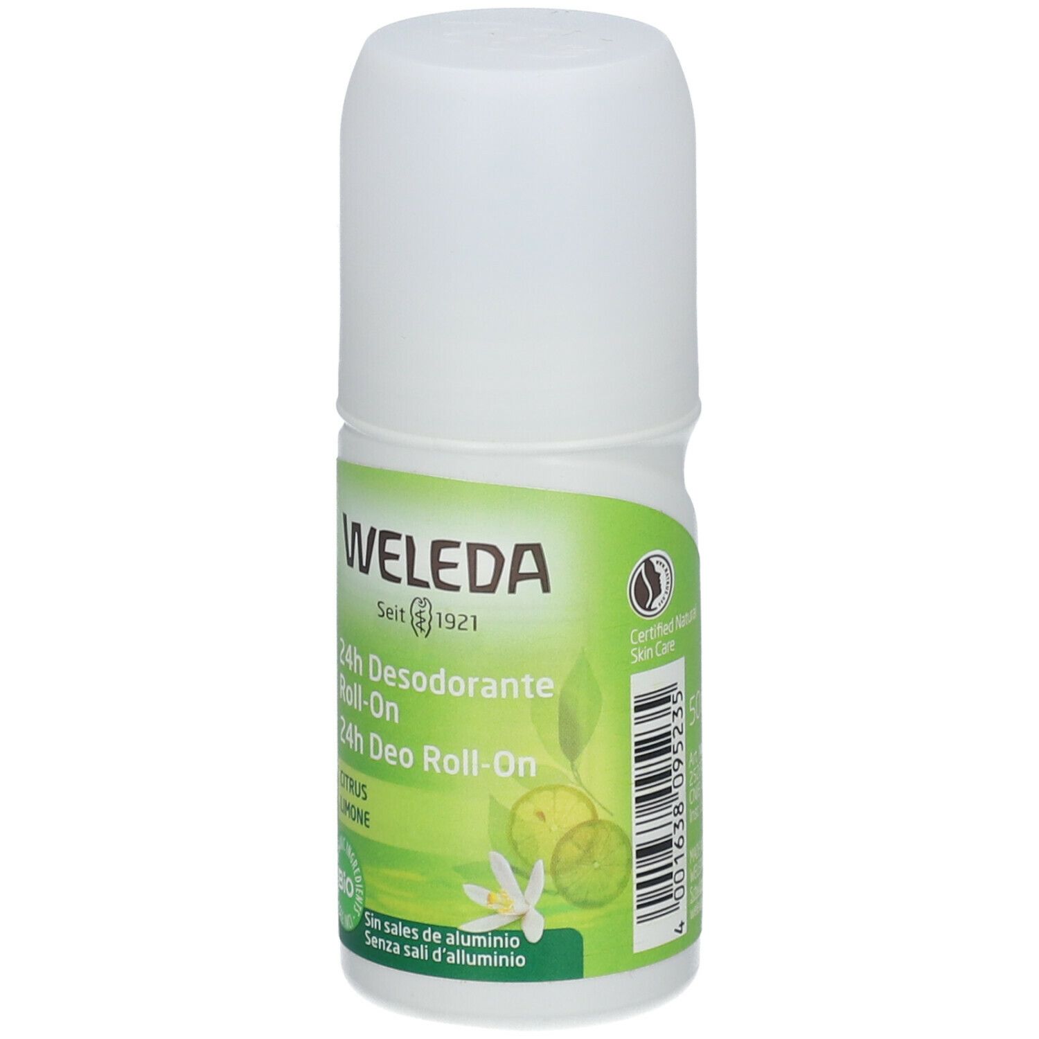 Roll-on deodorante 24h Weleda. Flacone bianco, etichetta verde. Testo: Citrus Limone, marchio bio, senza sali di alluminio.
