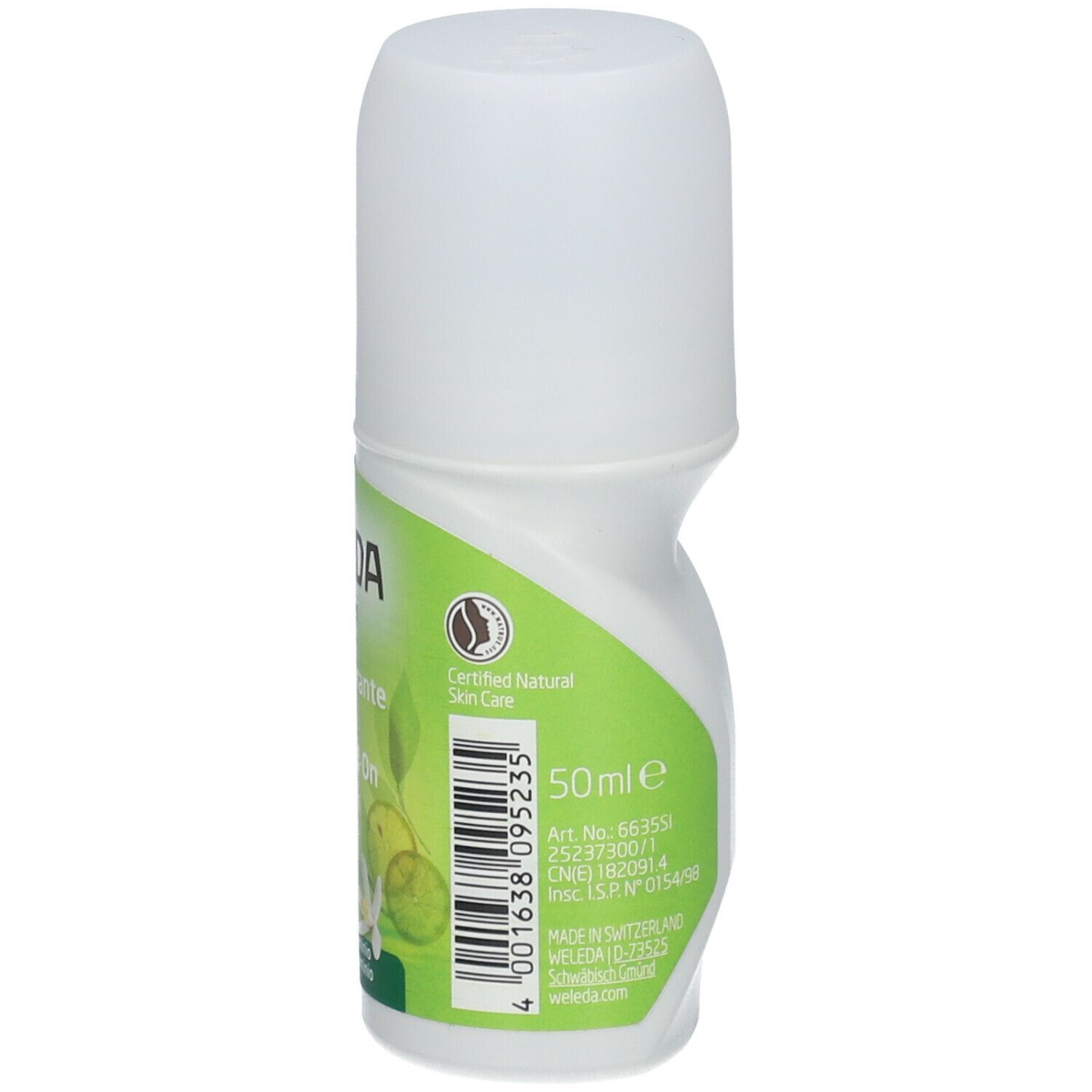 Roll-on deodorante 24h Weleda. Flacone bianco, etichetta verde. Testo: Citrus Limone, 50ml, senza sali di alluminio.