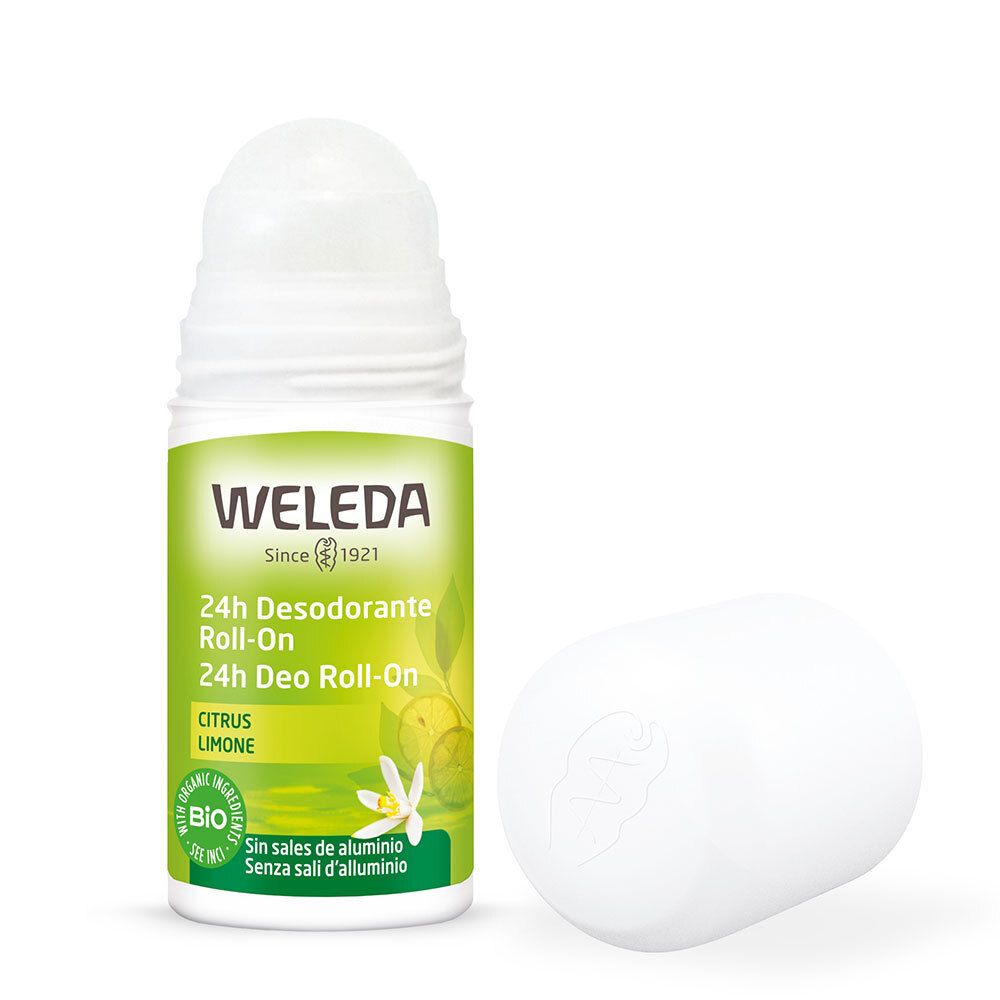 Roll-on deodorante 24h Weleda e tappo. Flacone bianco, etichetta verde. Testo: Citrus Limone, marchio bio, senza sali di alluminio.