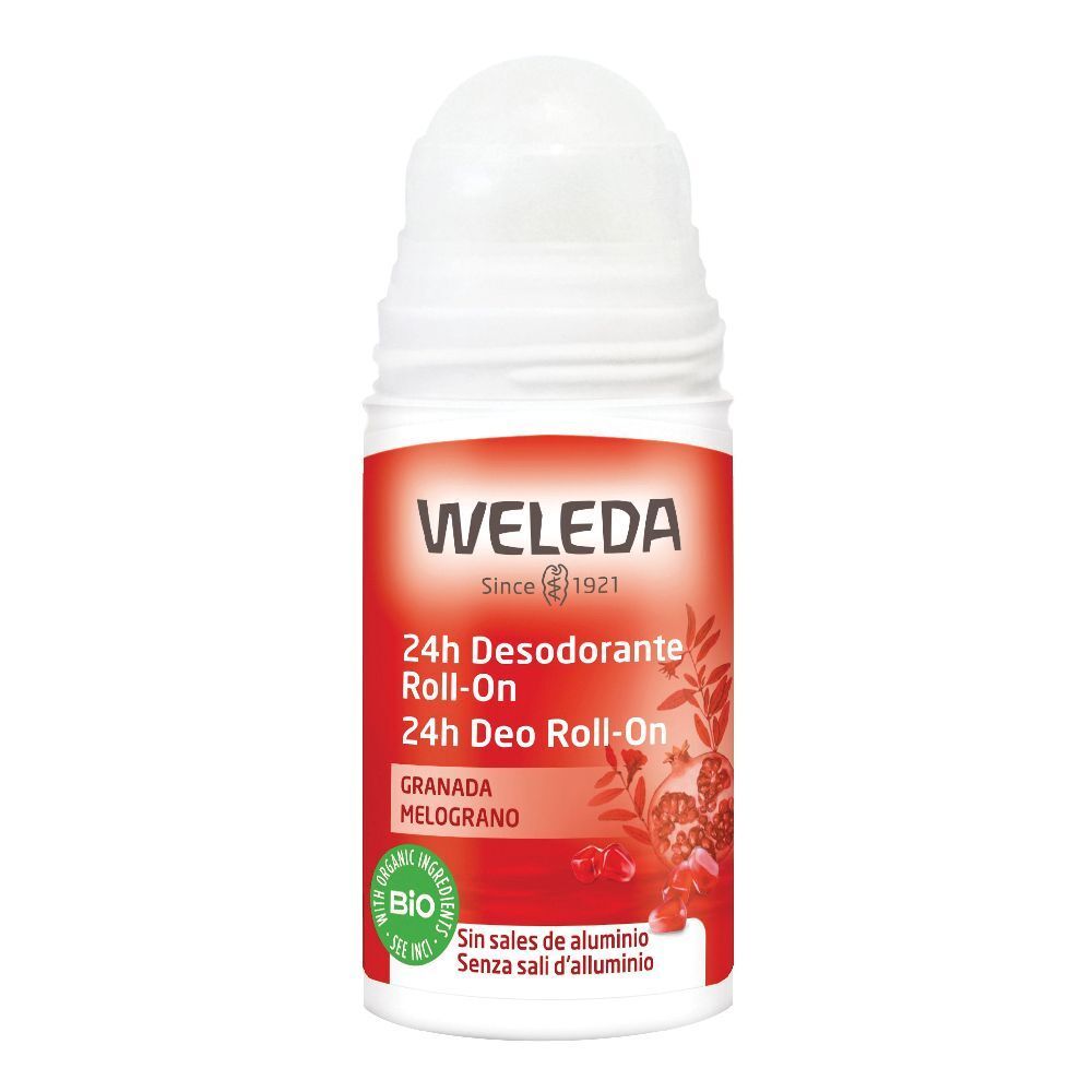 Roll-on deodorante Weleda 24h. Flacone bianco con etichetta rossa. Motivo melograno e sigillo bio.