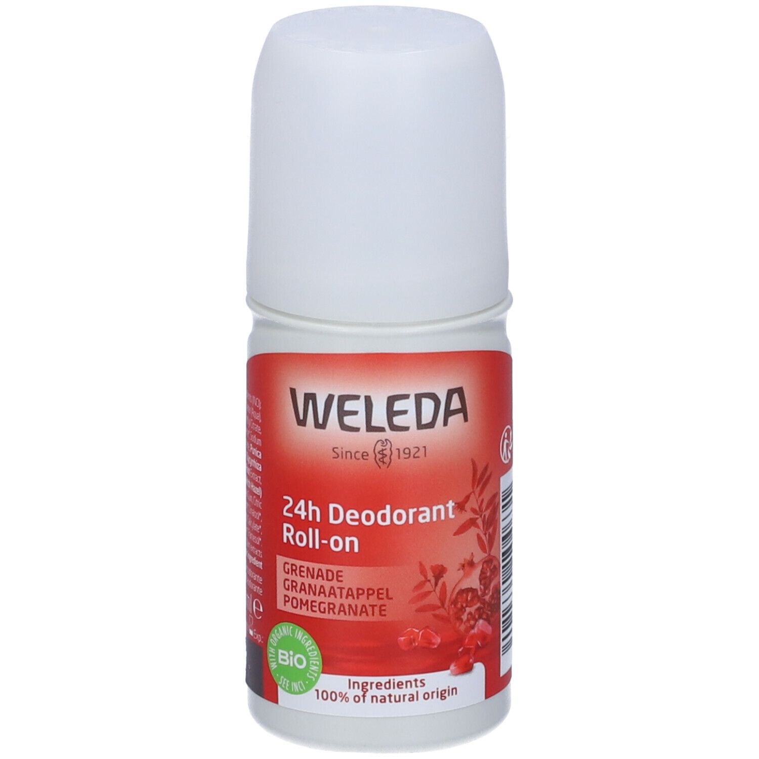 Roll-on deodorante Weleda 24h. Flacone bianco con etichetta rossa. Motivo melograno e sigillo bio.