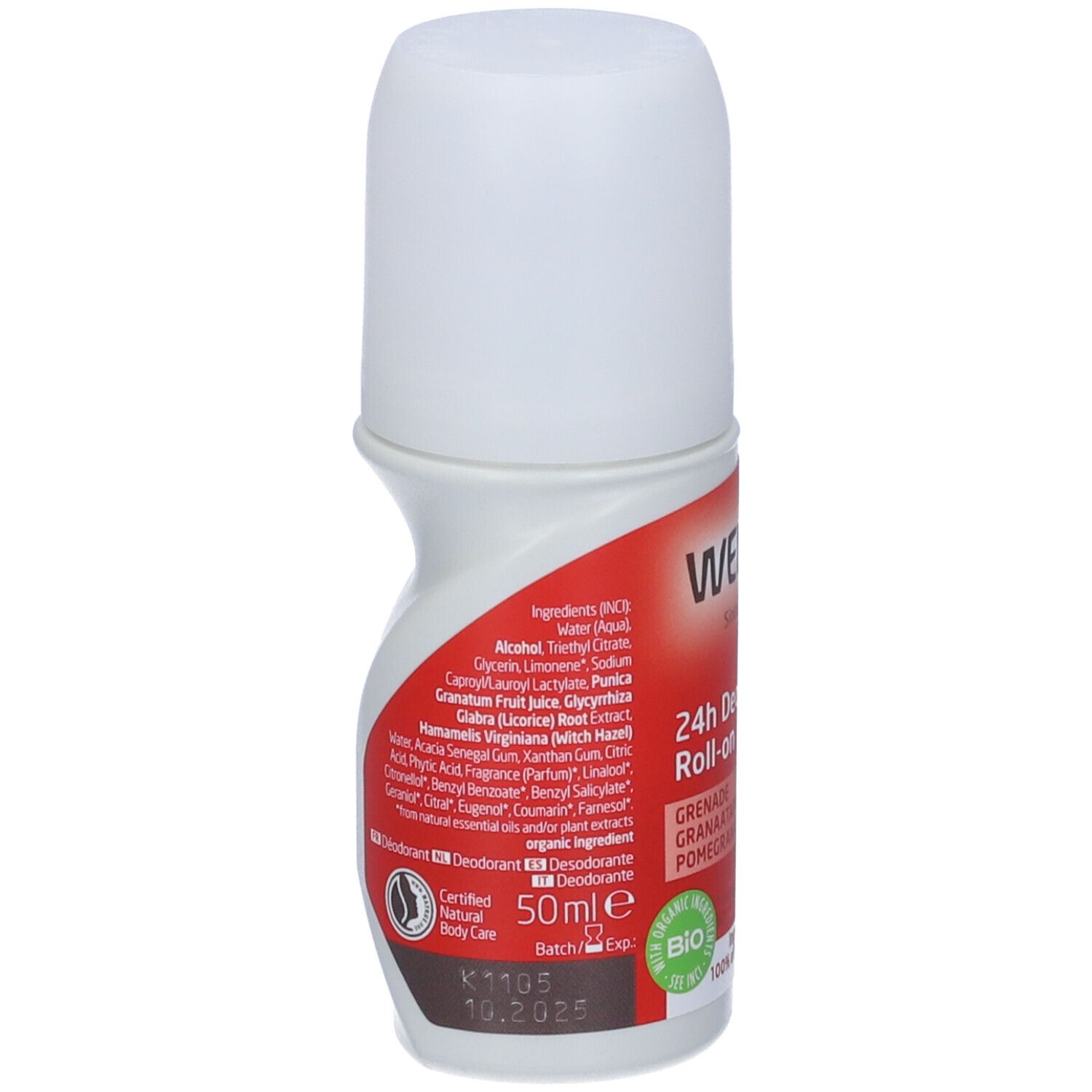 Roll-on deodorante Weleda 24h. Retro del flacone con ingredienti e sigillo bio.