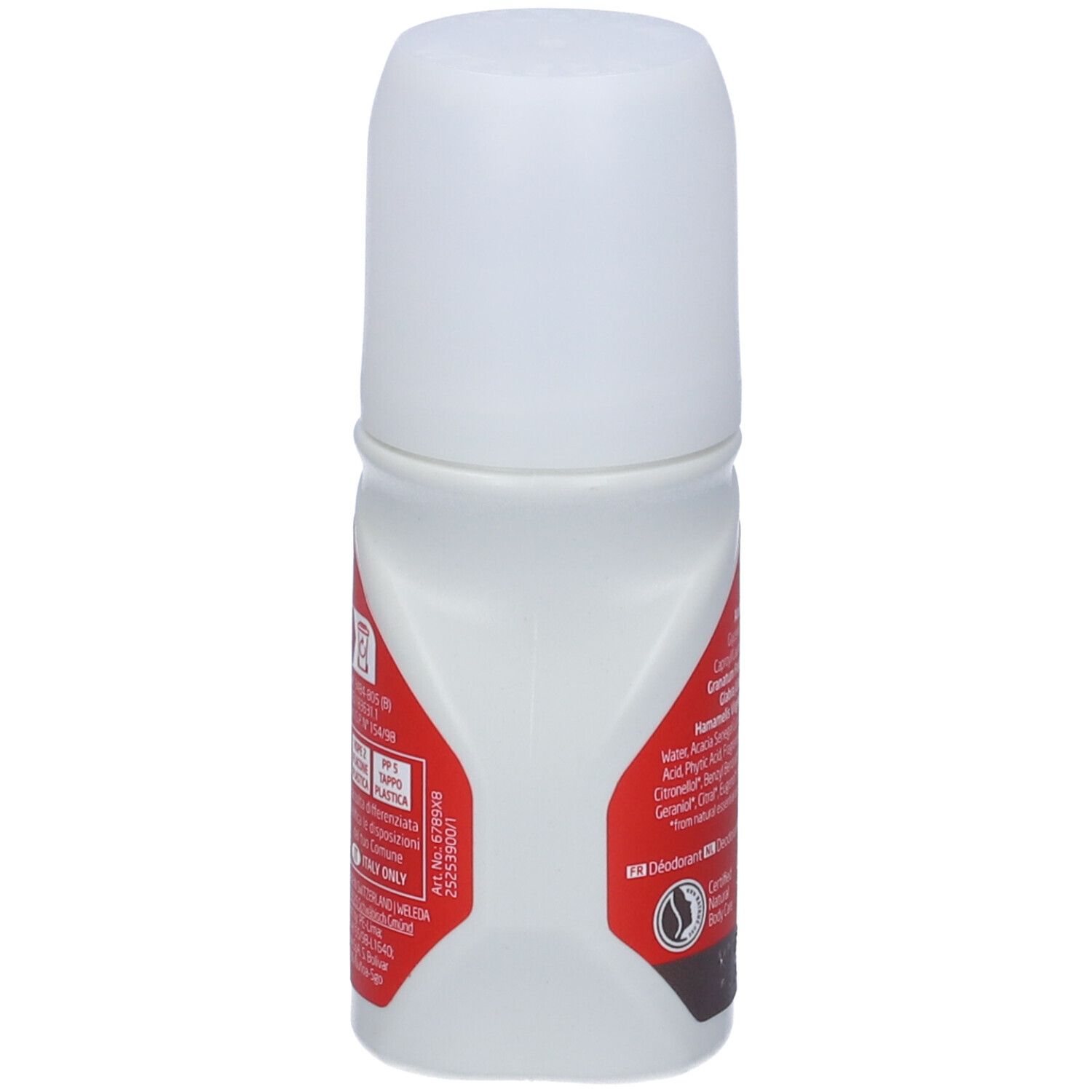 Roll-on deodorante Weleda 24h. Retro del flacone con informazioni e sigillo bio.