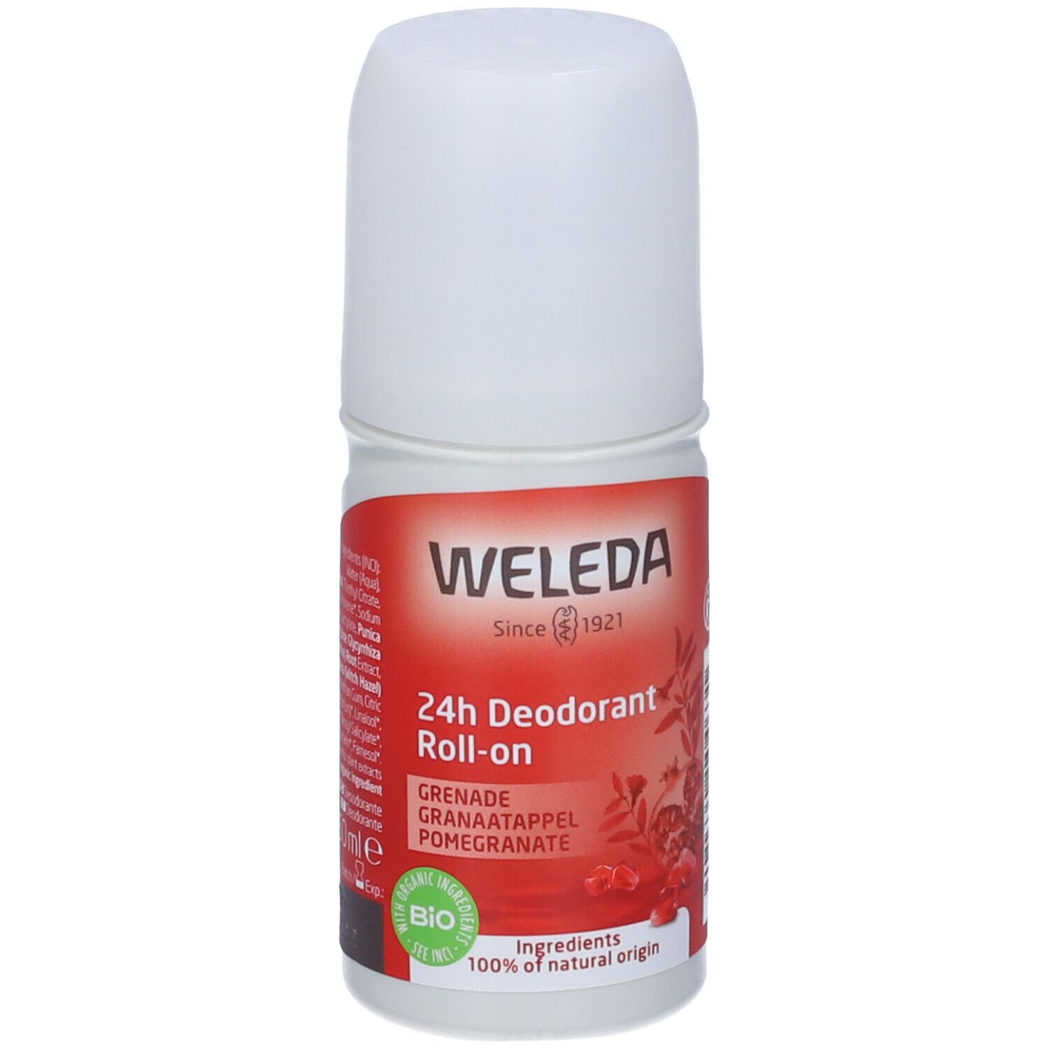 Roll-on deodorante Weleda 24h. Parte anteriore con motivo melograno e sigillo bio.