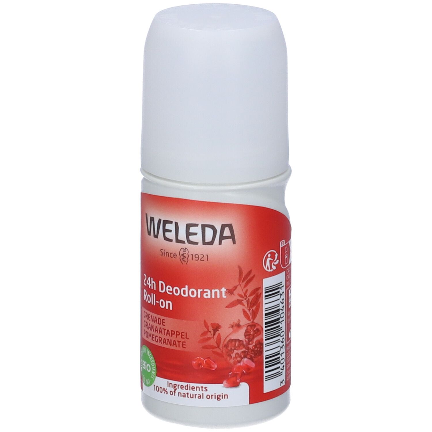 Roll-on deodorante Weleda 24h. Parte anteriore con motivo melograno e sigillo bio.