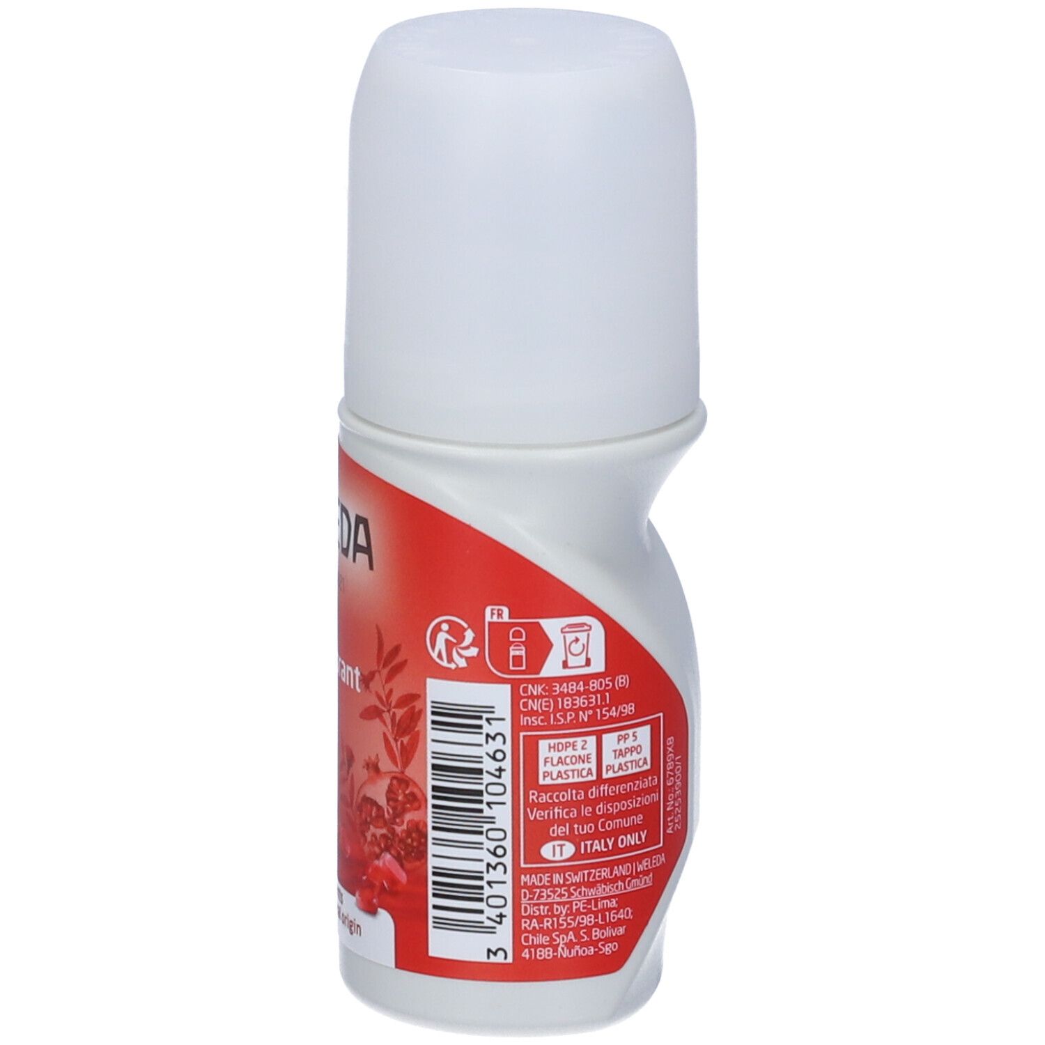 Roll-on deodorante Weleda 24h. Retro con informazioni e simboli di riciclaggio.