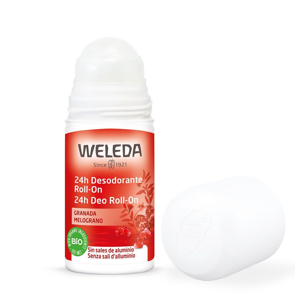 Roll-on deodorante Weleda 24h con tappo. Flacone bianco con etichetta rossa. Tappo accanto.