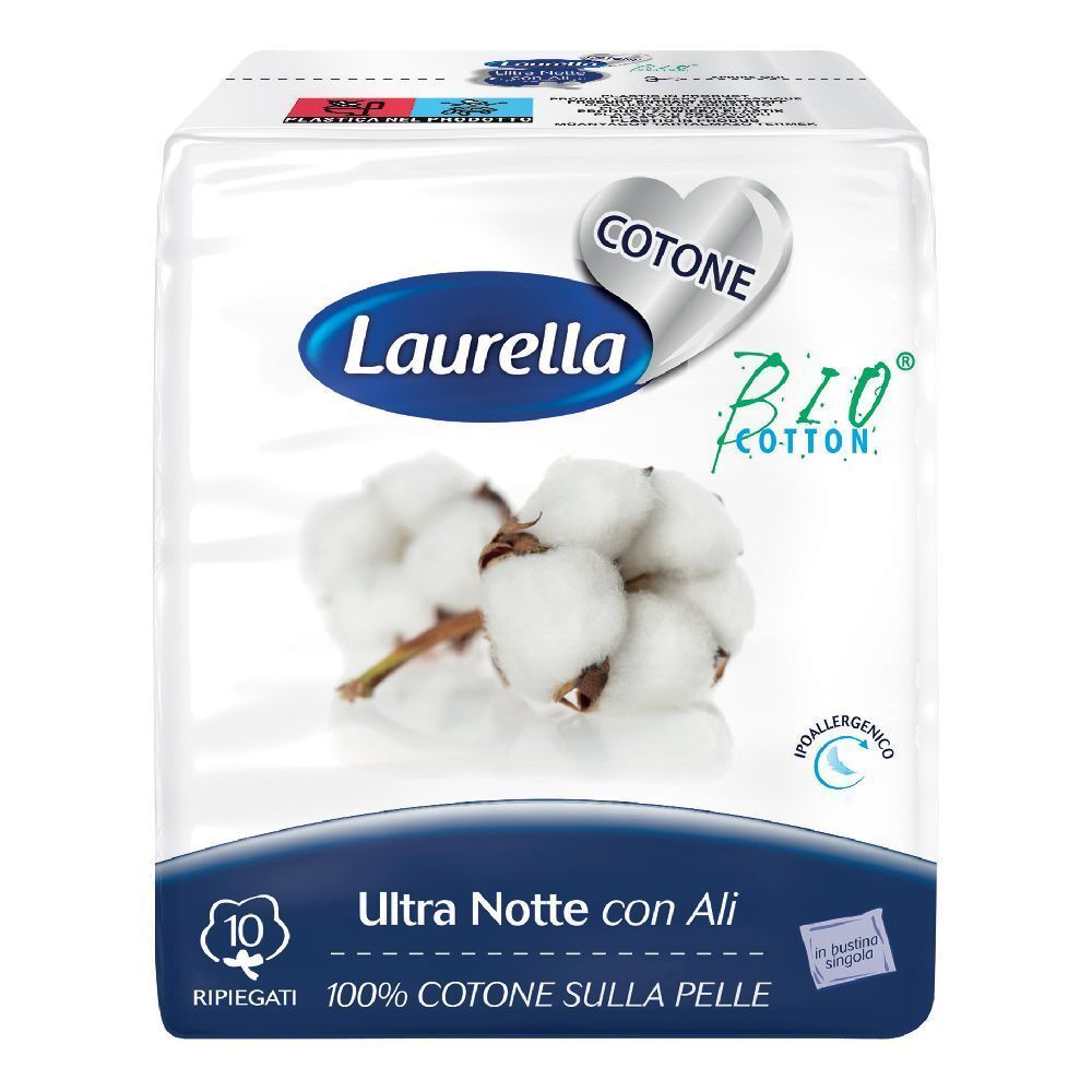 Confezione di assorbenti. Laurella Ultra Notte con Ali, 10 pezzi. Logo cotone e cotone bio. Confezione bianca.