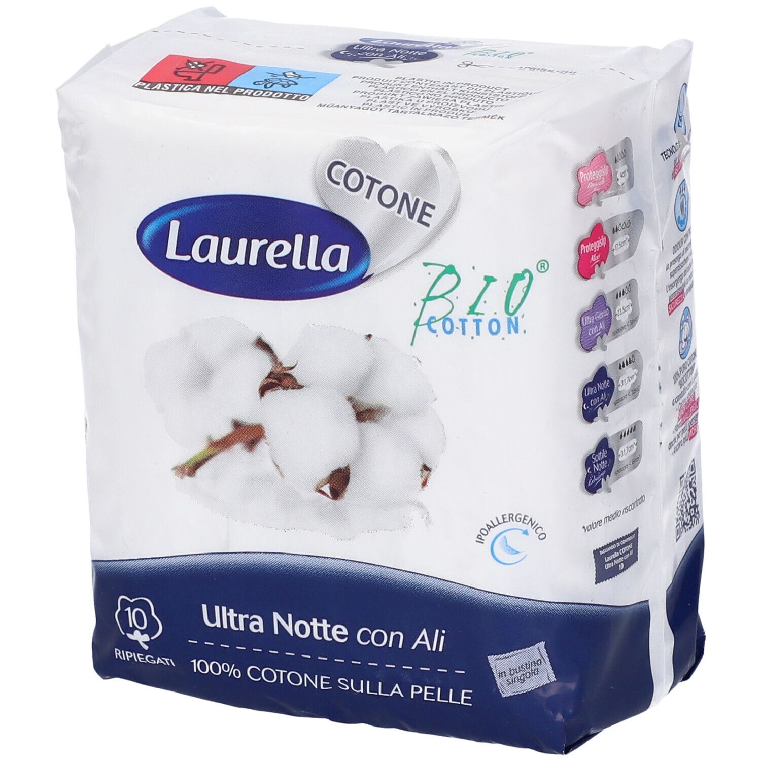 Confezione di assorbenti. Laurella Ultra Notte con Ali, 10 pezzi. Cotone bio. Vari loghi e testo sulla confezione.
