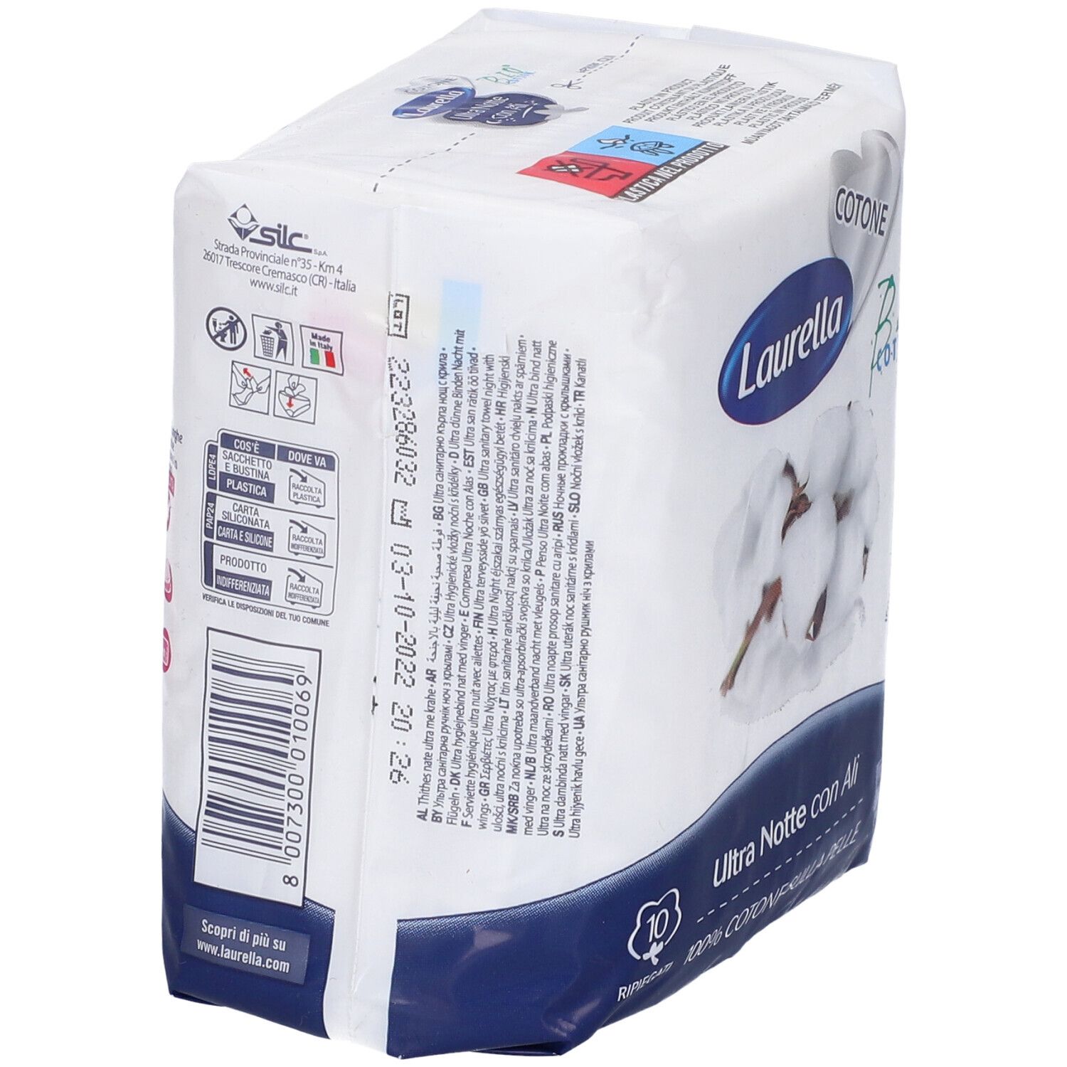 Confezione di assorbenti. Retro con testo e loghi. Laurella Ultra Notte con Ali, 10 pezzi. Codice a barre.