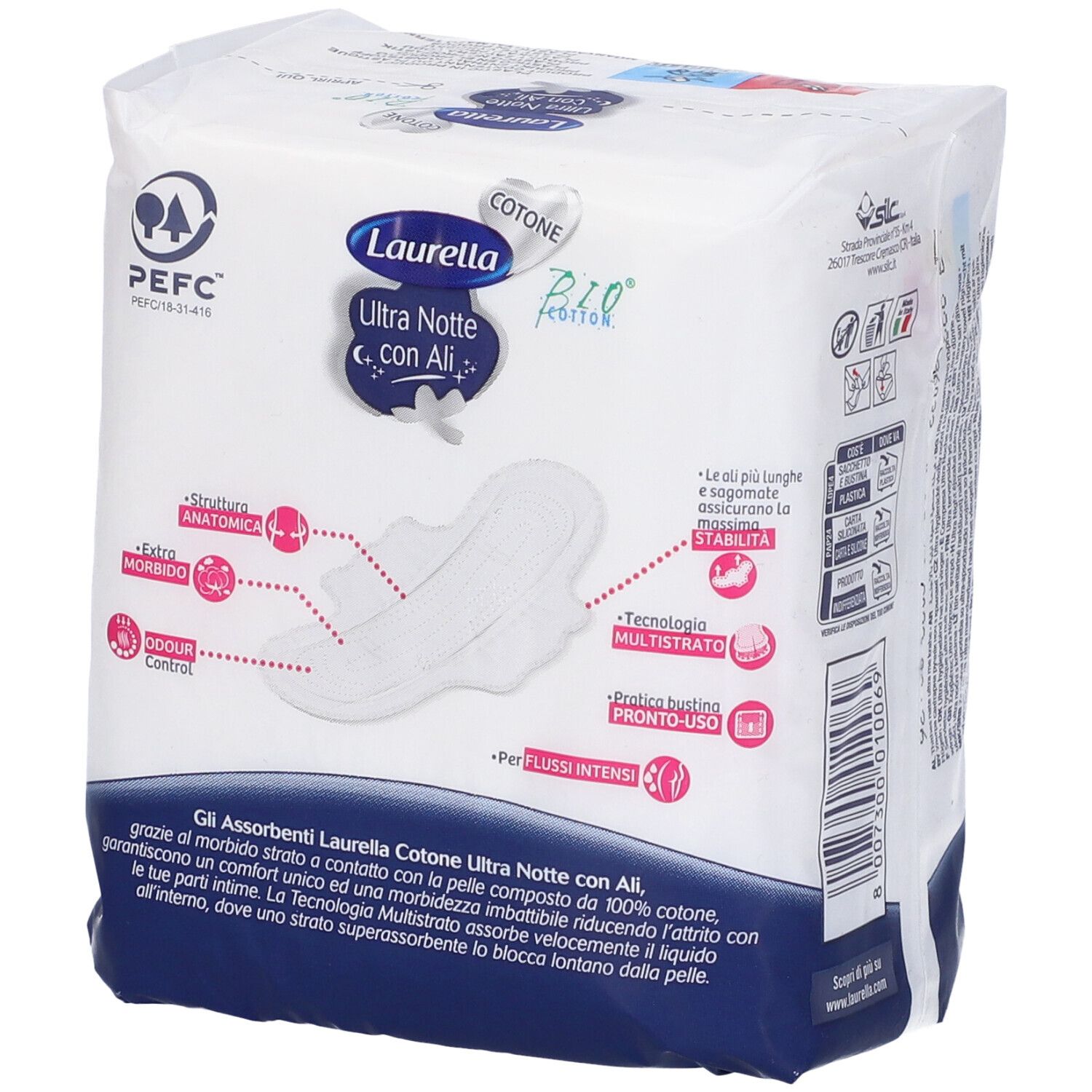 Confezione di assorbenti. Retro con caratteristiche del prodotto. Laurella Ultra Notte con Ali. Certificazione PEFC.