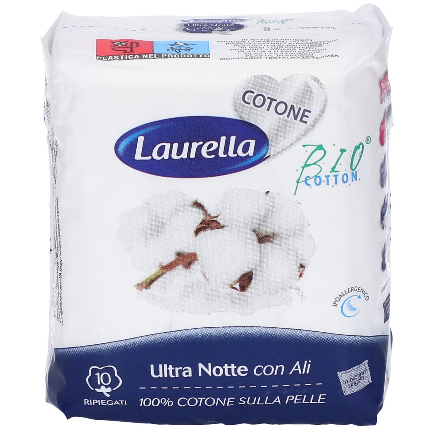 Confezione di assorbenti. Laurella Ultra Notte con Ali, 10 pezzi. Logo cotone e cotone bio. Confezione bianca.