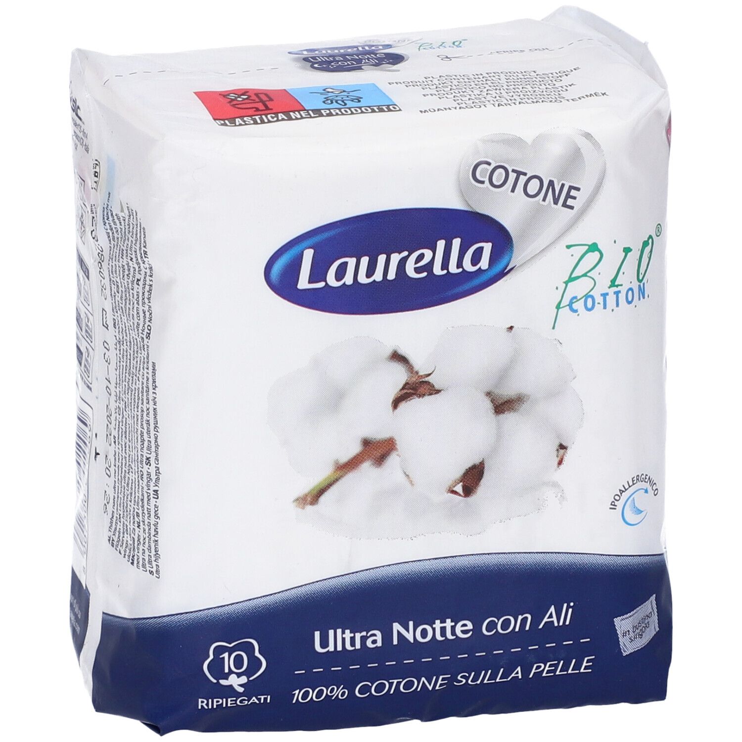 Confezione di assorbenti. Laurella Ultra Notte con Ali, 10 pezzi. Logo cotone e cotone bio. Confezione bianca.