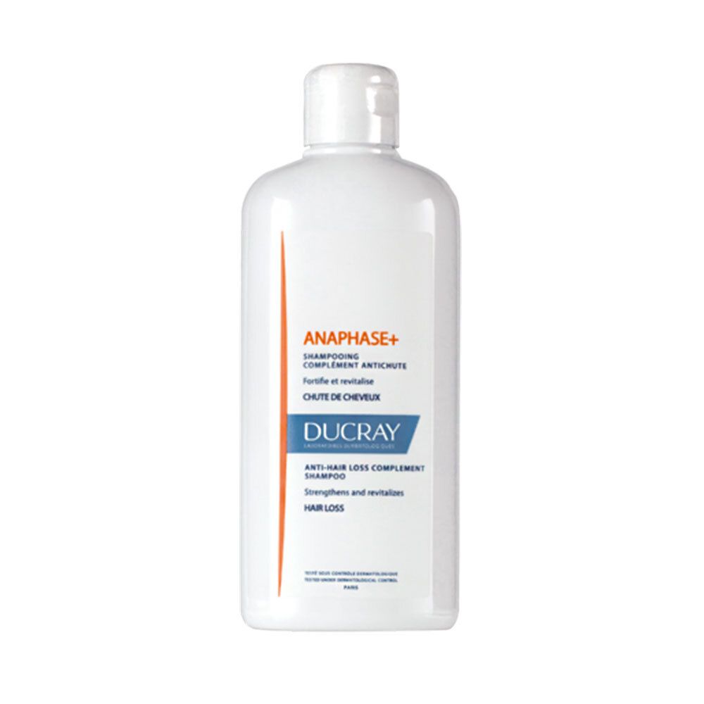 Flacone di shampoo bianco con tappo a ribalta. Scritta: ANAPHASE+ Shampoo, Ducray.