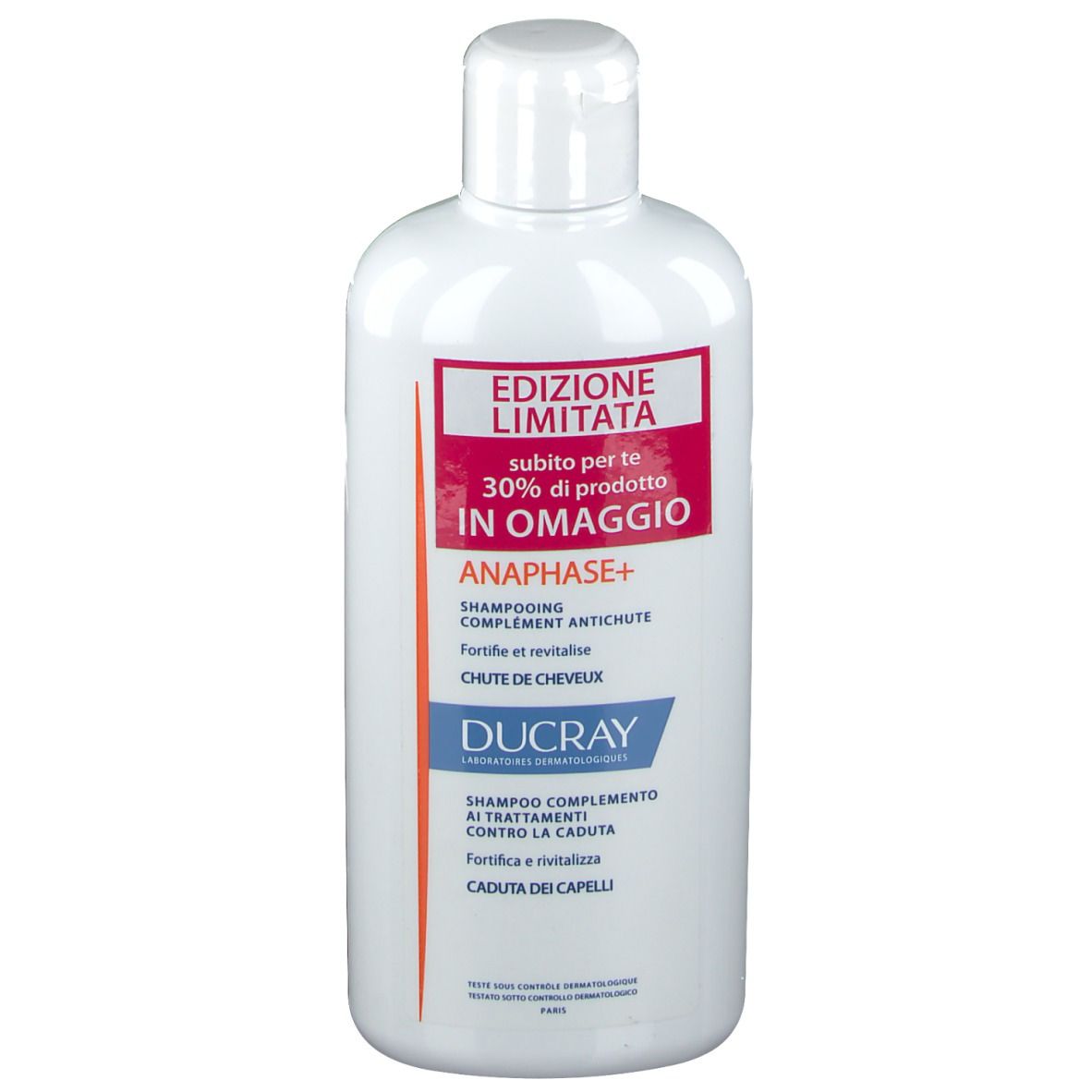 Flacone di shampoo bianco con etichetta rossa. Scritta: Edizione Limitata, ANAPHASE+ Shampoo, Ducray.